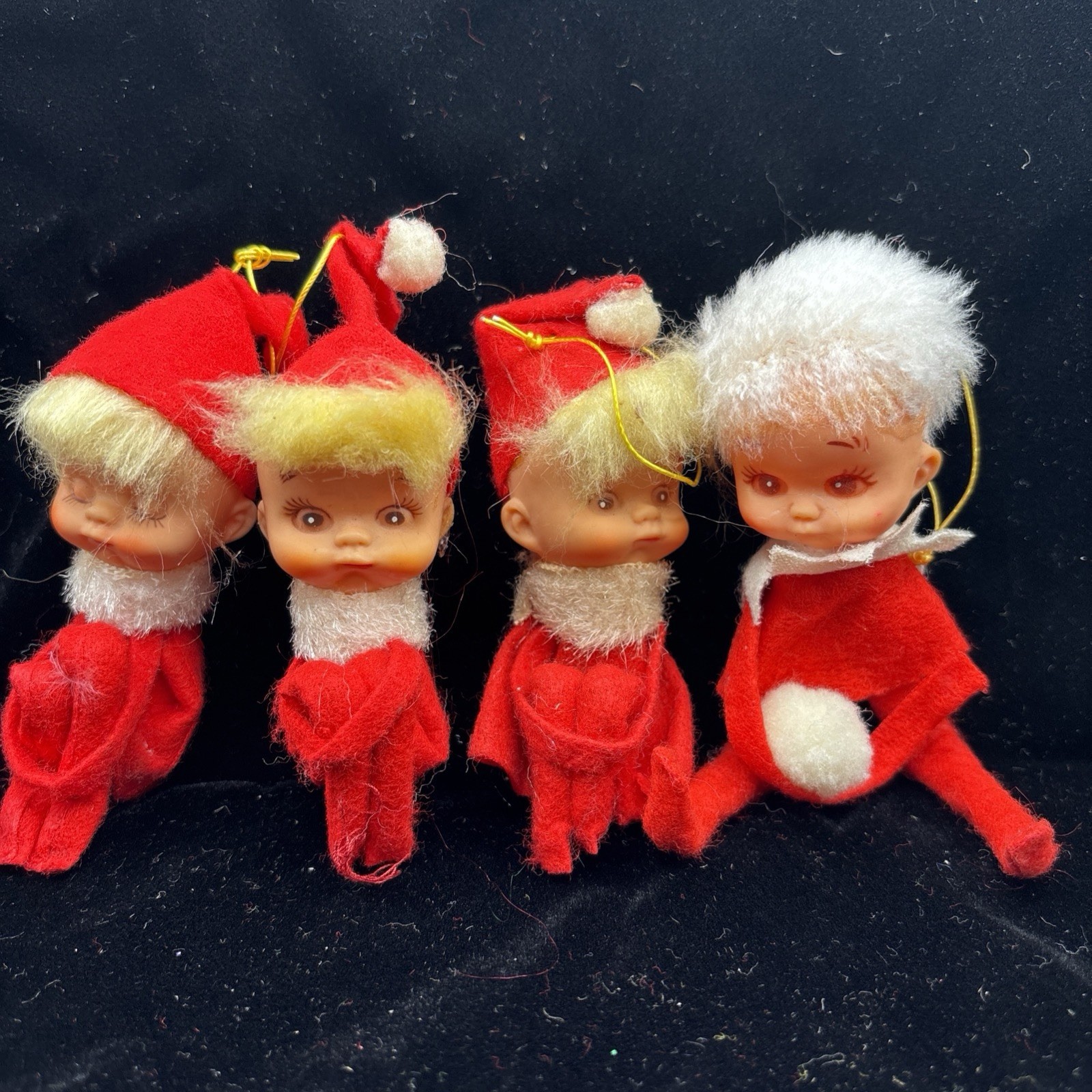 Vintage Japan Red Felt Elf Christmas knee hugger Ornaments Lot of 4