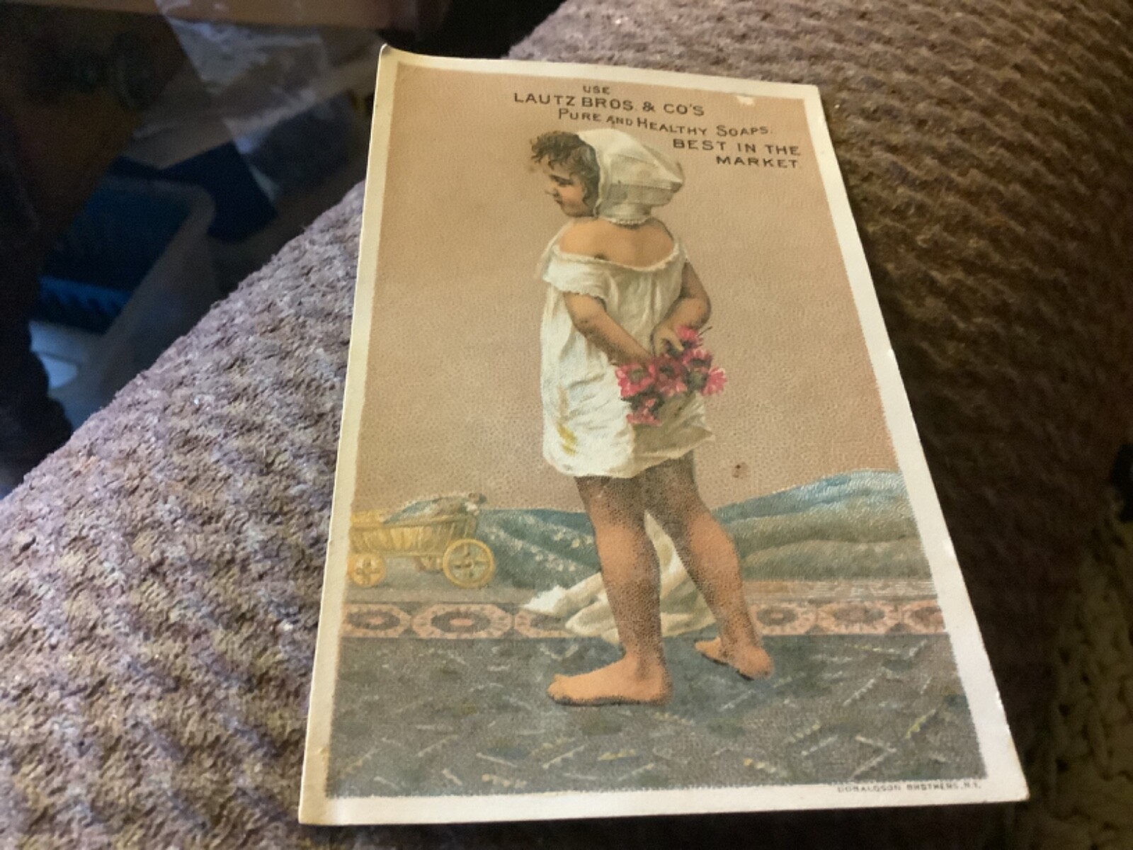 Vintage Lautz Bros & Co. Soap Girl Holding Flowers Behind her Back Trade Card