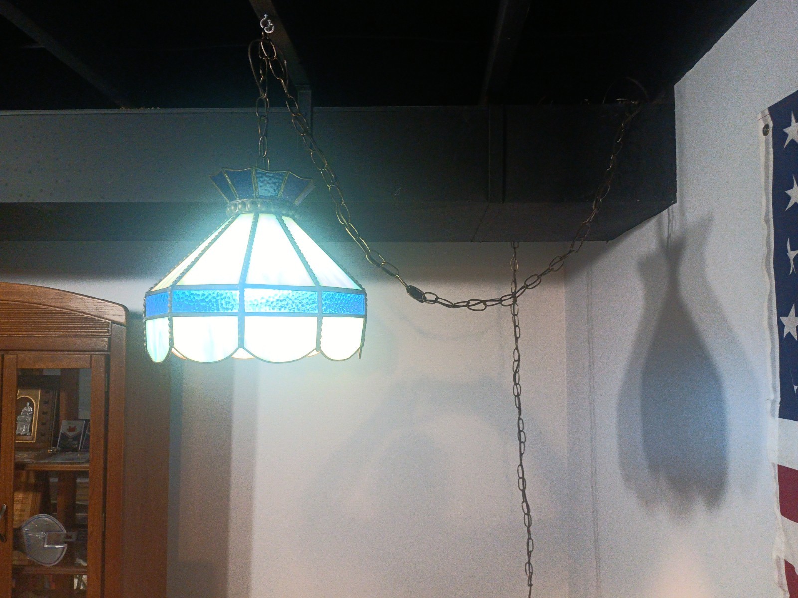 Vintage Blue Slag Glass Swag Lamp Hanging Pendant Light Tiffany Style 70s