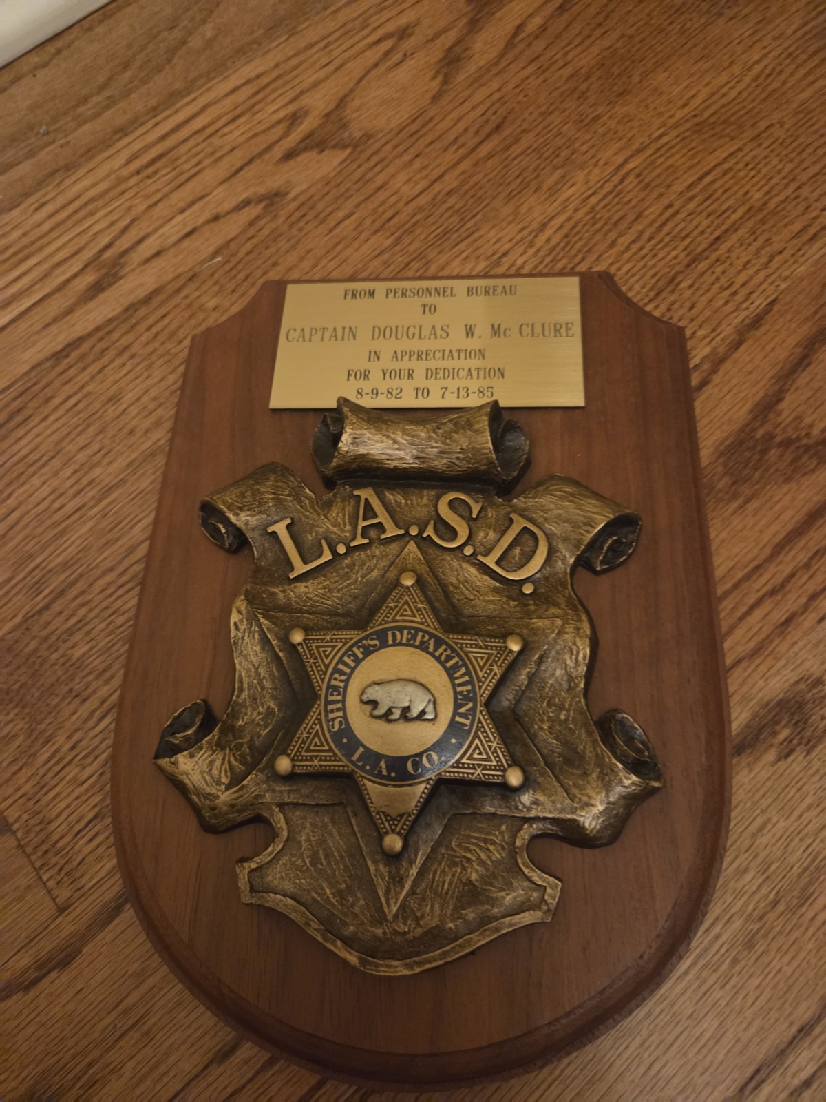 Vintage LASD Los Angeles County Sheriff Presentation Plaque Capt Douglas McClure