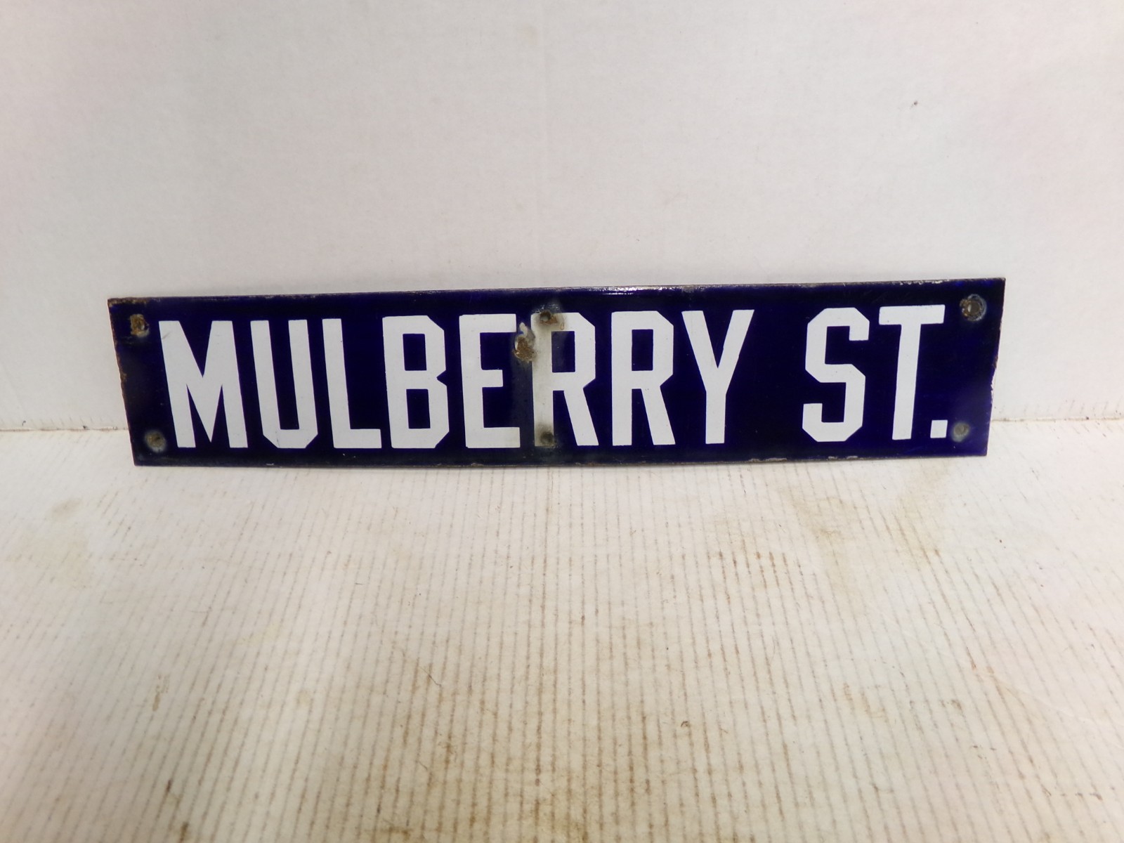 Vintage Blue Porcelain Street Sign Mulberry St. 4 x 20 Original