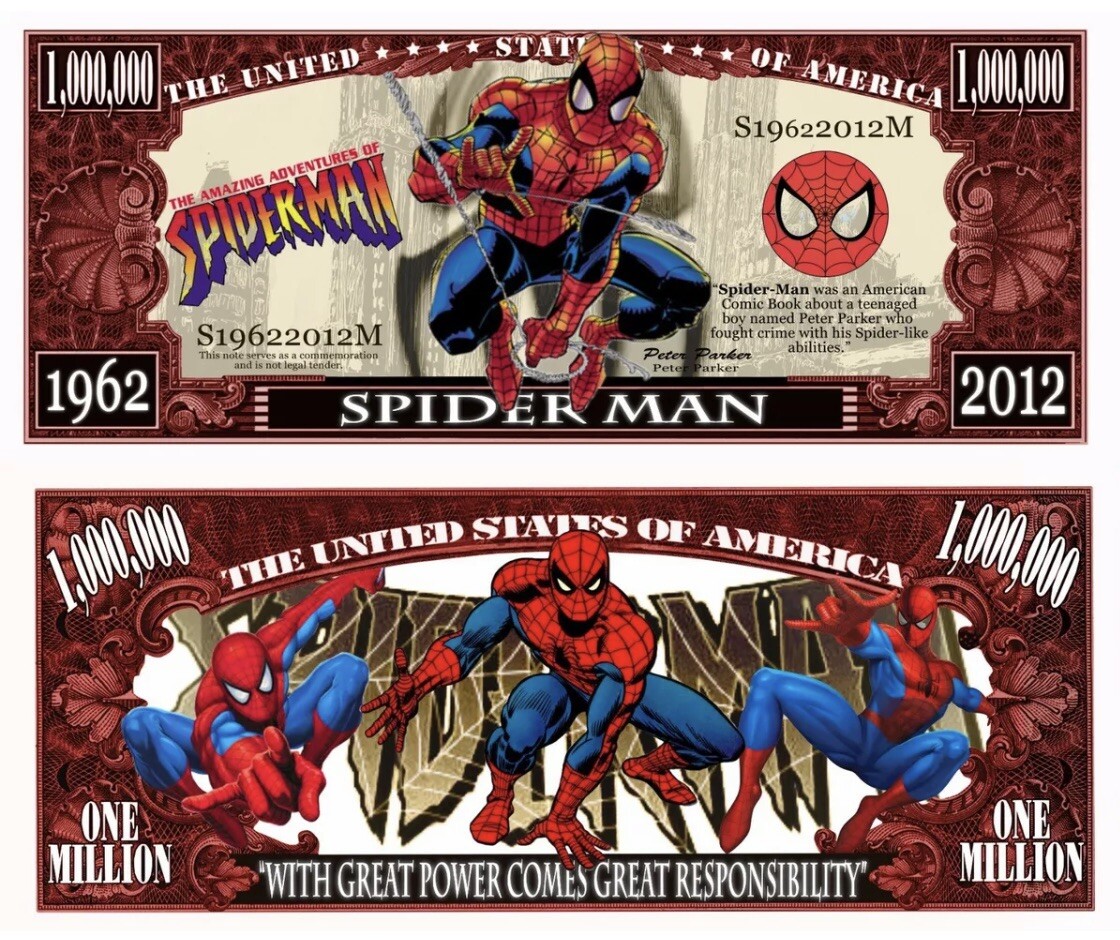 25 Pack Spiderman Dollar Bill Marvel Comics Collectible $1 Million Novelty Money