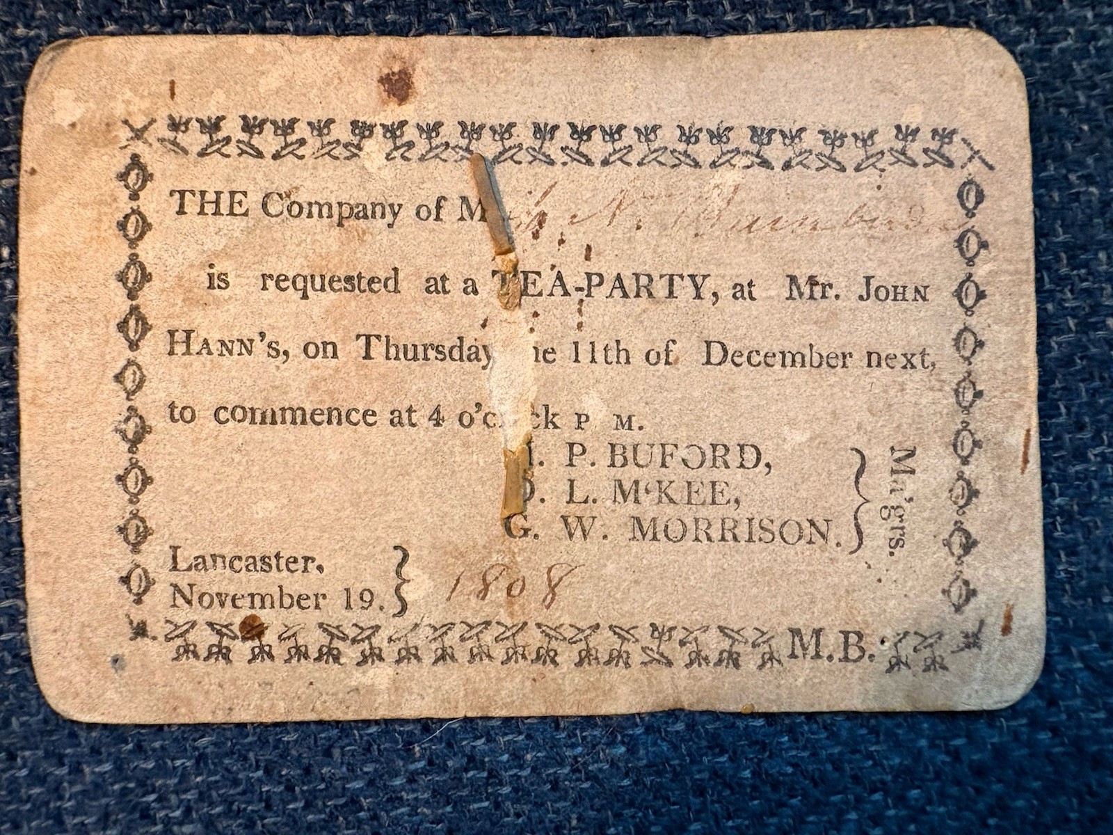 1808 Lancaster Tea Party Invitation Card, 9 of Diamonds Playing Card