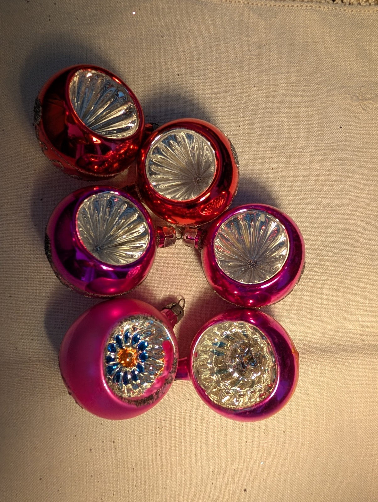 6 Vtg Hand Blown  GLASS Ornaments Poland Indent Reflector Pink Red