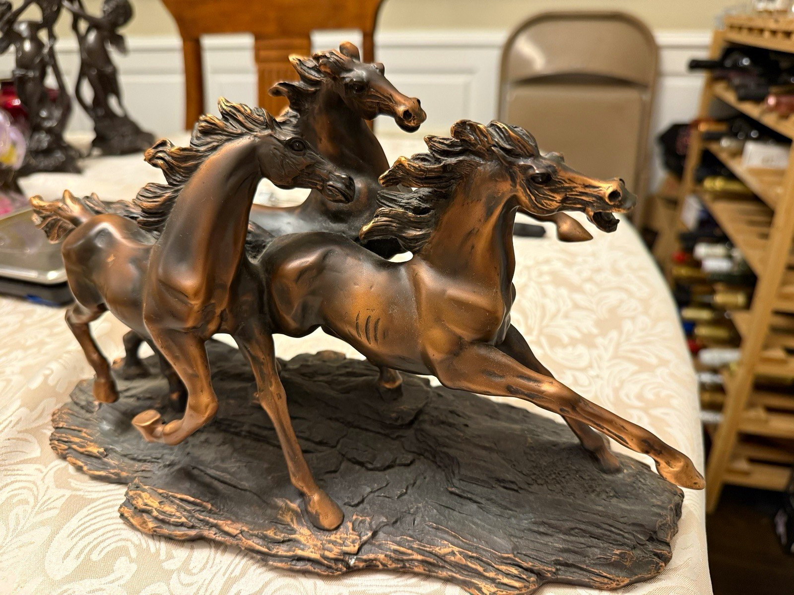 Three Running Horses Sculpture 14” Bronze Finish Resin Galloping Horse Statue