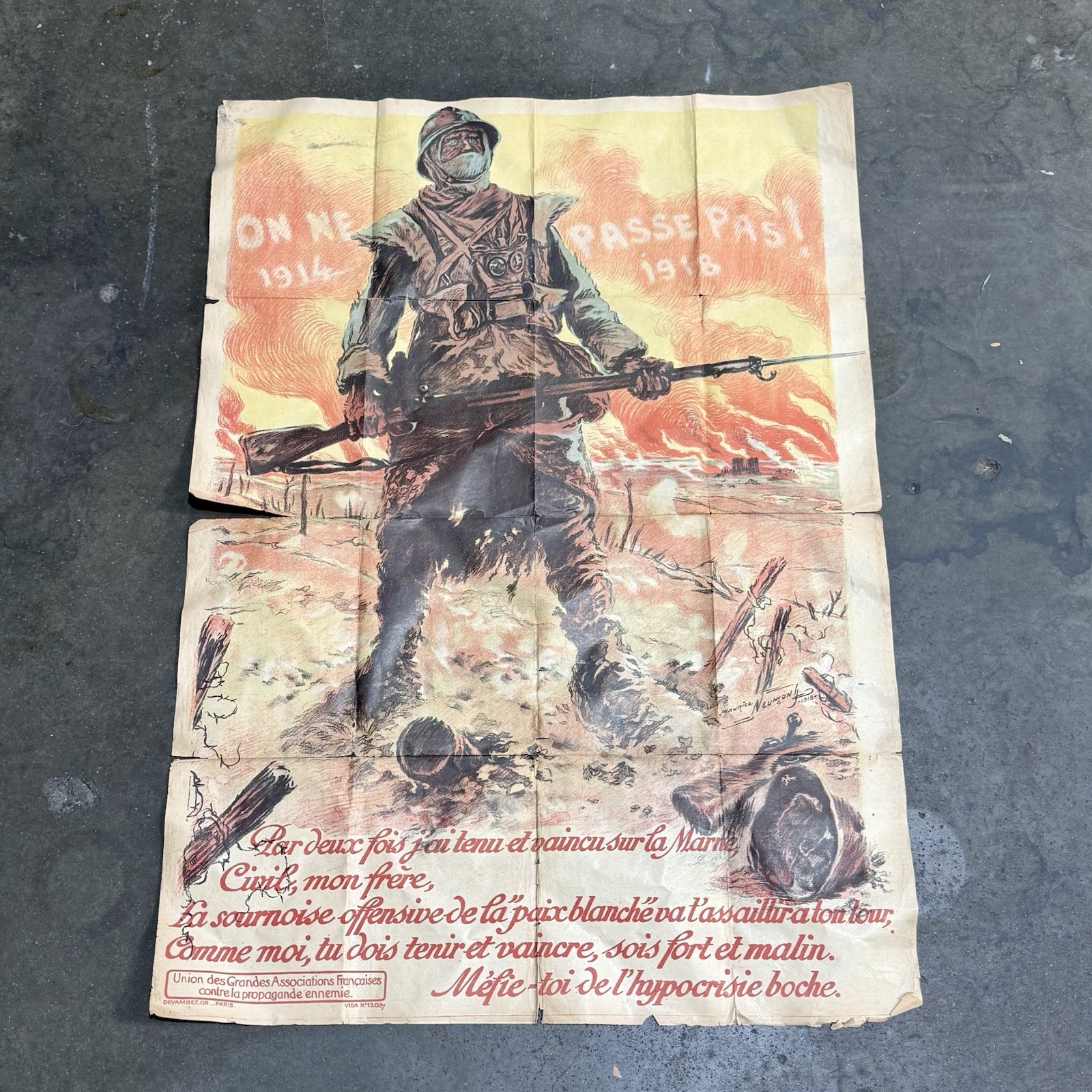 Original Large WW1 French 1918 Propaganda Poster They Shall Not Pass
