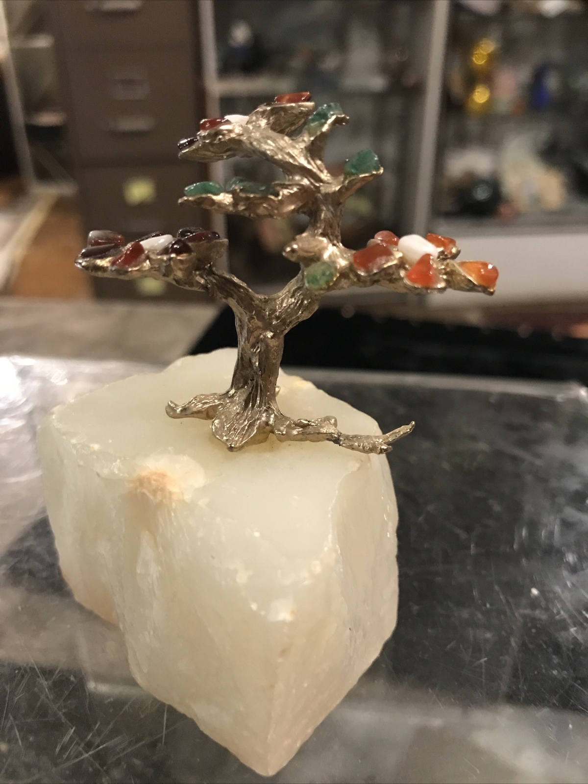 Vintage Mid Century Modern Geisha Jeweled Stone Bonzai Flower Tree Sculpture