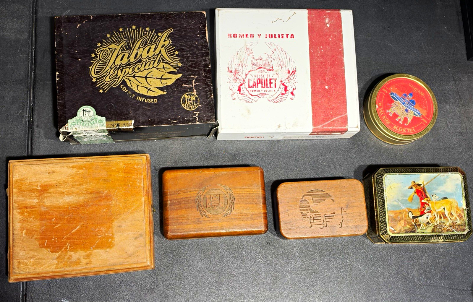 7 Pc Vintage Style Empty Box Tin Lot Wooden Metal Collectible Storage Decor