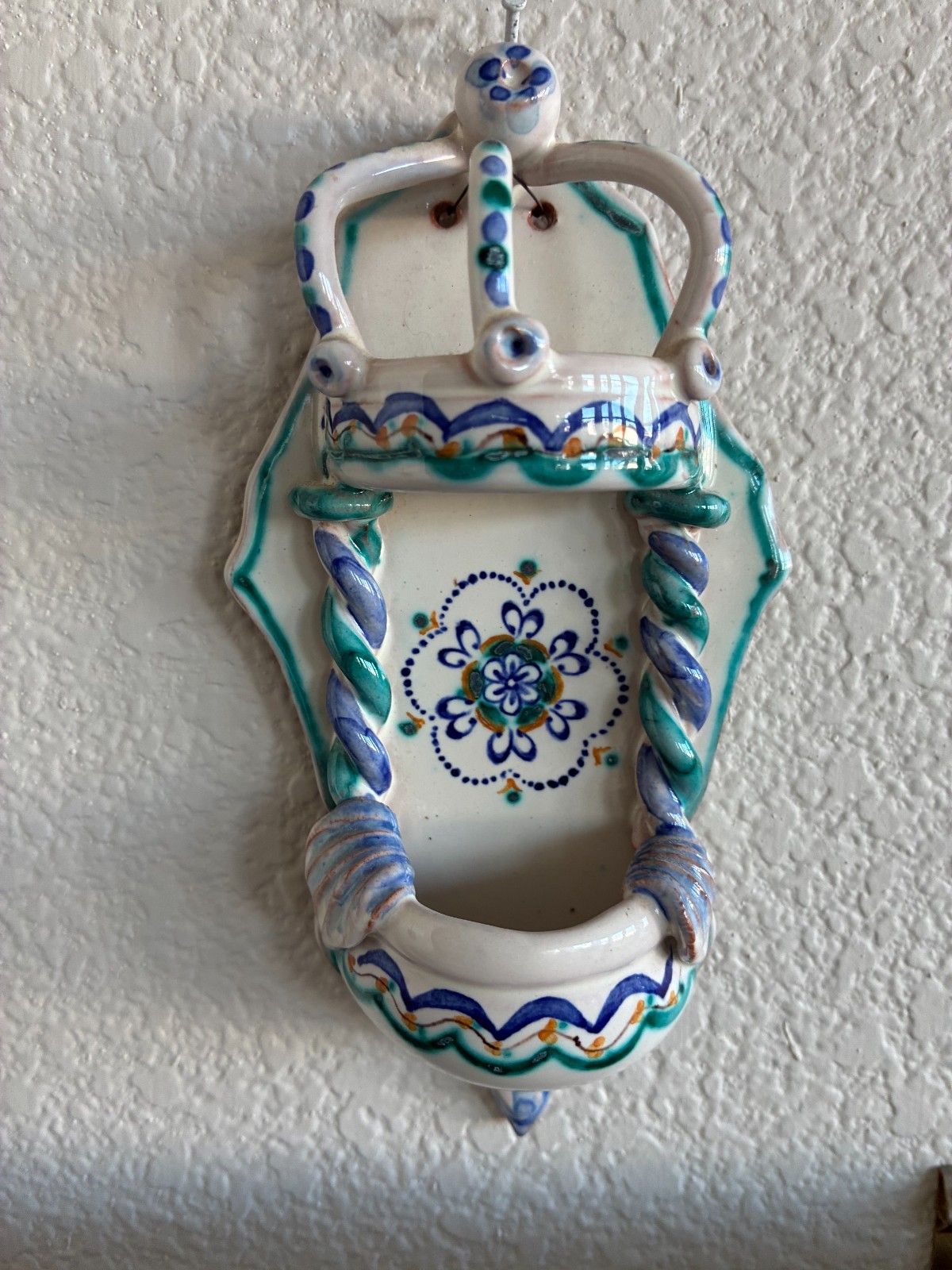 Vintage Blues and White Italian Ceramic Holy Water Font Handmade by C. Carriero