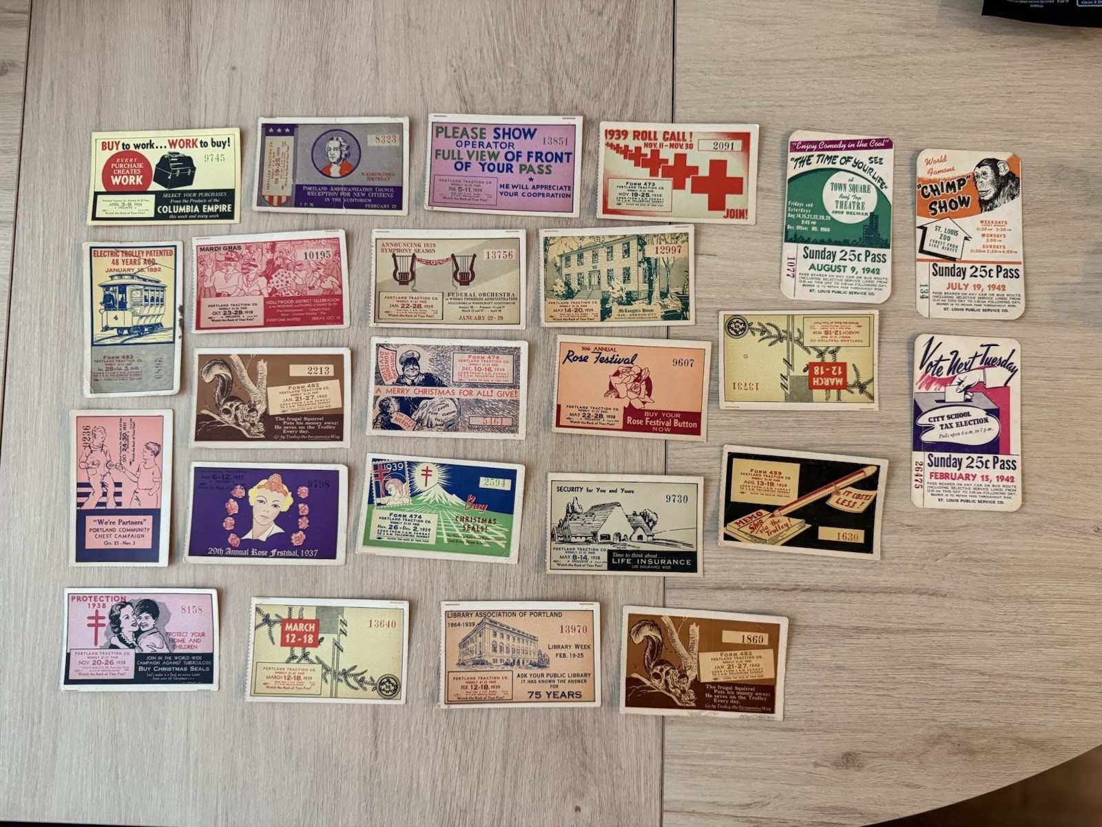 Lot of 24 Vintage 1930s 1940s Portland Traction Co Streetcar Trolley Passes Lot