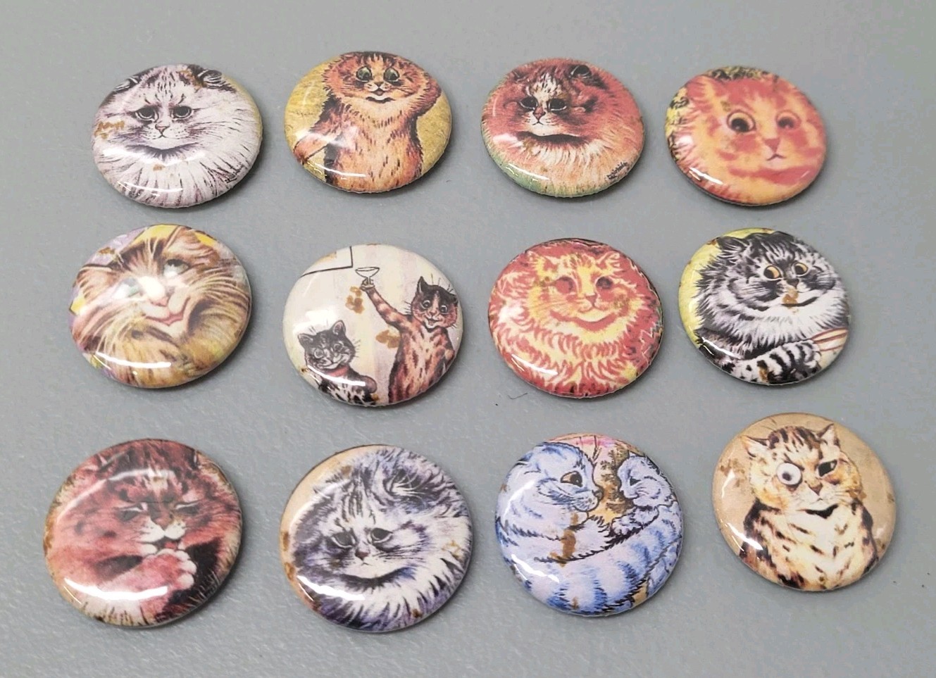 12 Cat Vintage Folk Art Pinback Button Pin KITTY CATS felines Cute Louis Wain