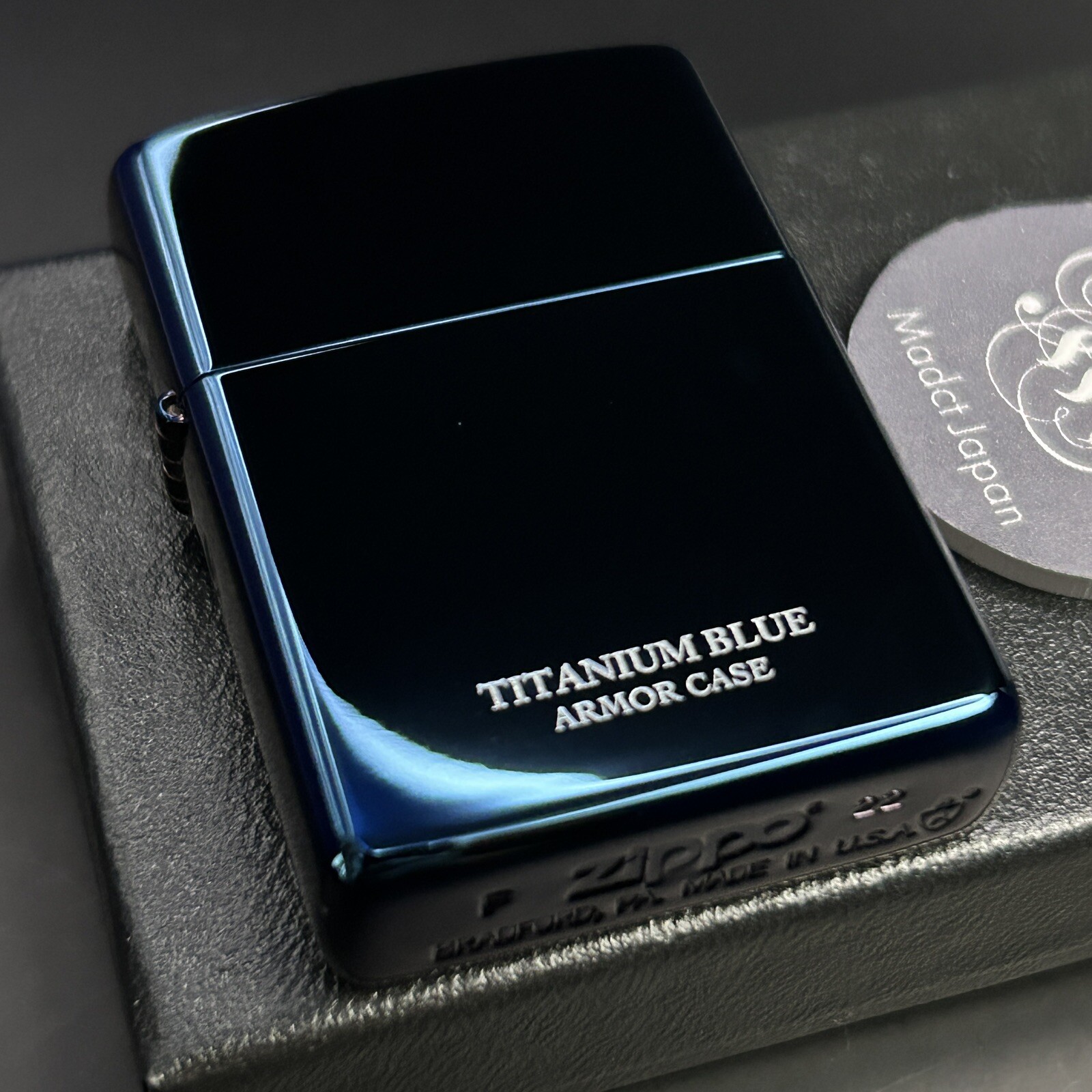 Zippo Armor Case Titanium Blue Side Logo Oil Lighter Etching Brass Japan New