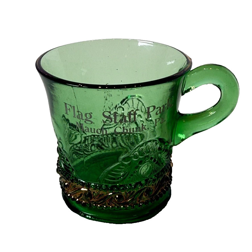 MAUCH CHUNK Pennsylvania PA Antique DEPRESSION GREEN GOLD Glass Souvenir CUP