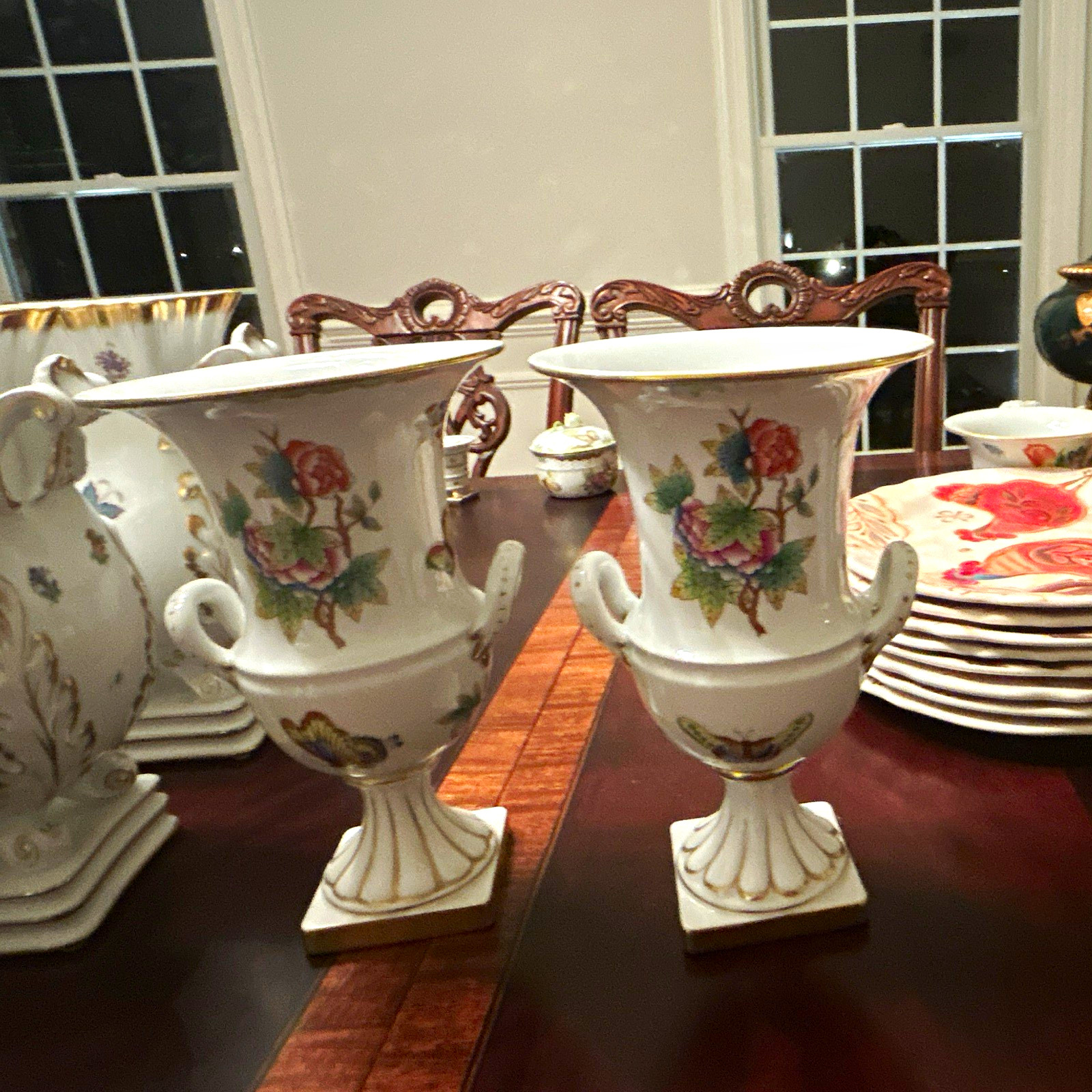 Herend Hand Painted Porcelain Floral Vase White Gold Trim Square, 1915 Pair