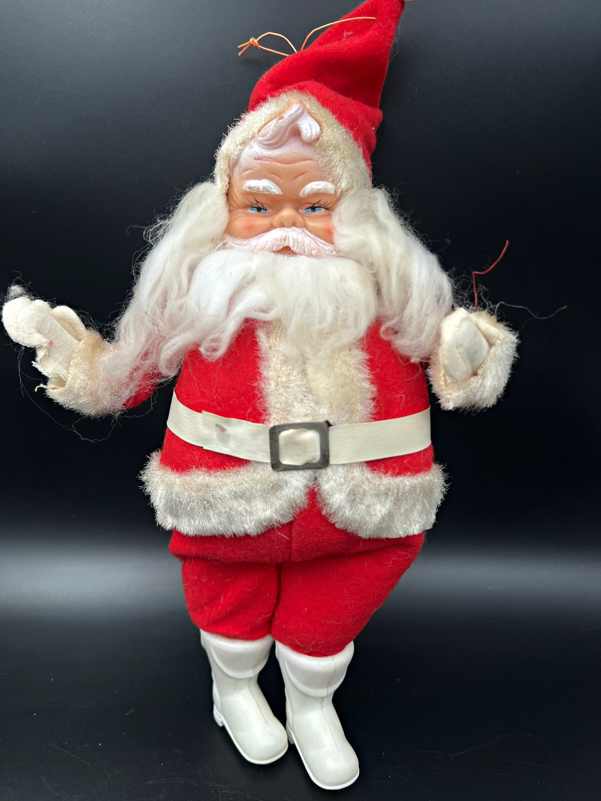 Vintage 1950s Japan Rubber Face Santa Doll Red Felt Suit White Boots Christmas