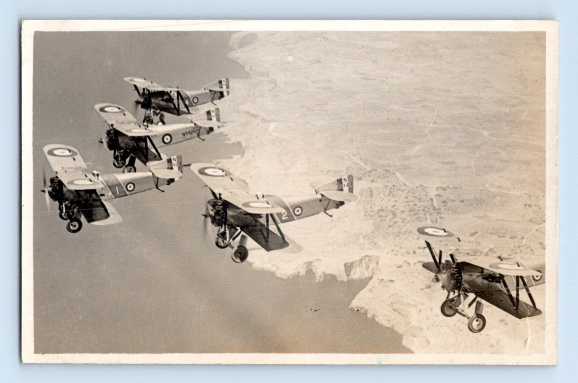 RPPC 1917. WWI FORMATION OF BRITISH FIGHTERS FLYING OVER MALTA.  POSTCARD
