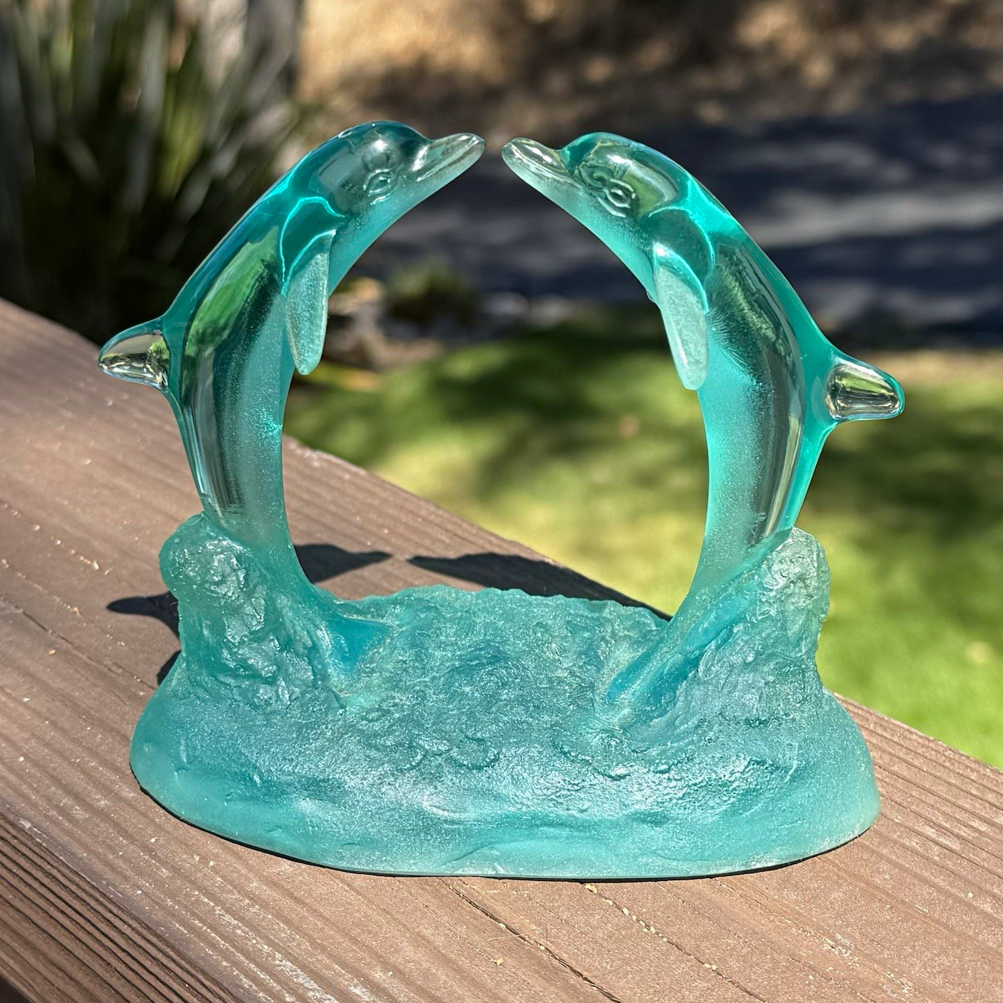 1992 Robert Wyland “Dolphins Kissing” Teal Lucite Acrylic Mini Sculpture 