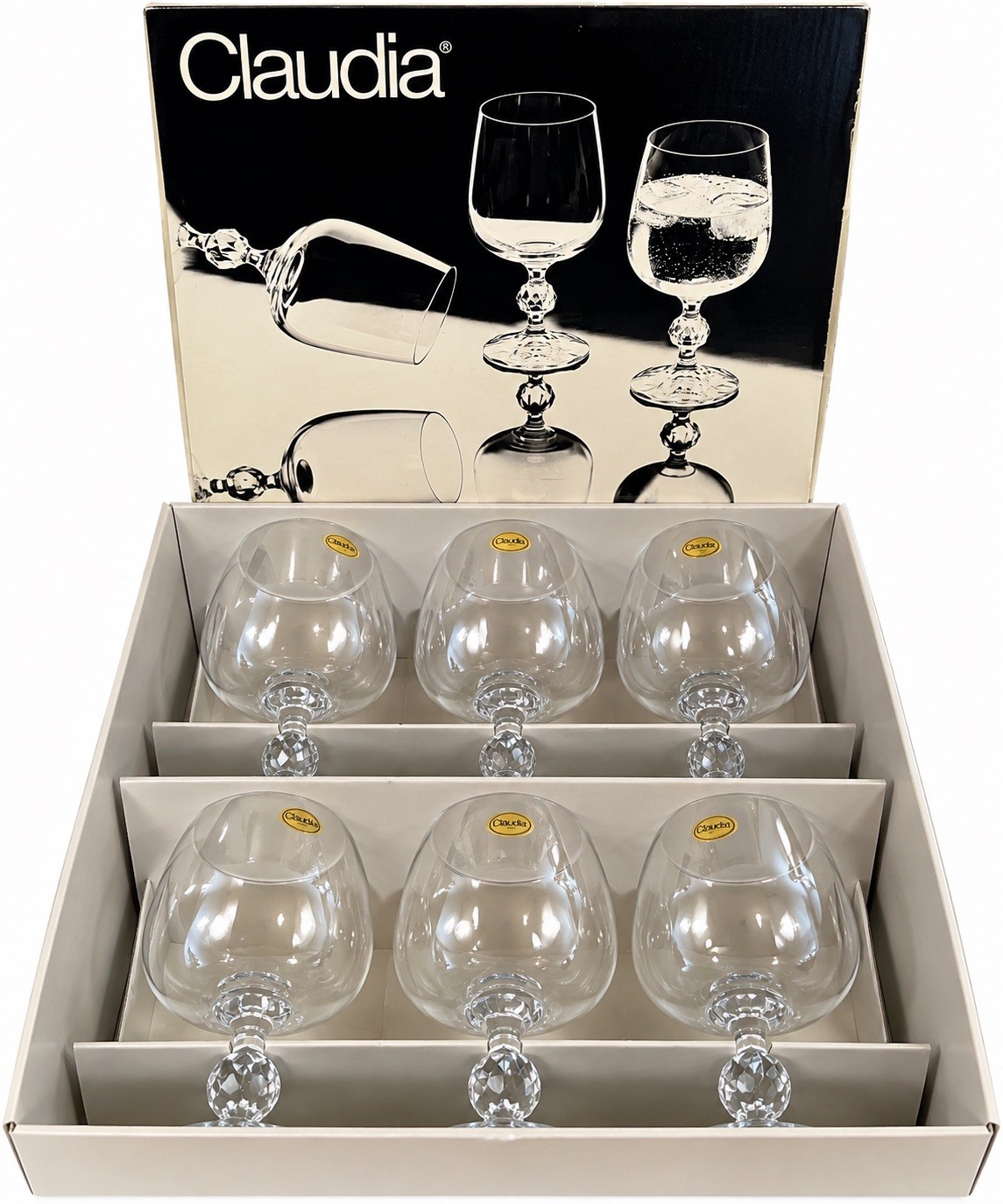 Vintage Claudia Crystal Wine Goblets Set of 6 Faceted Ball Stem Original Box NOS