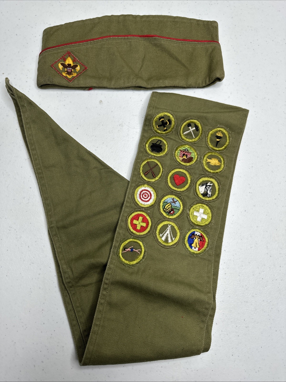 Vintage Boy Scouts of America cap Hat Sanforized BSA Medium 6 3/4 6 7/8- w/ Sash