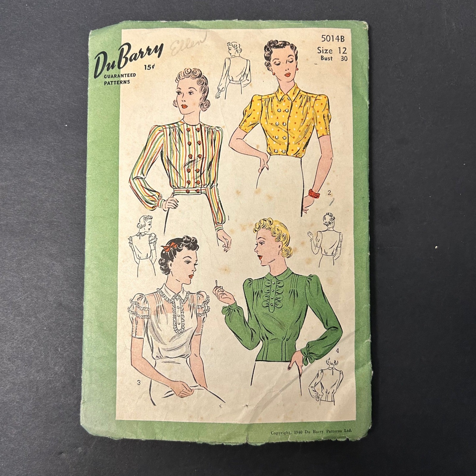 Vintage 40's Du Barry 5014B Sewing Pattern Misses Size 12 Blouse Set