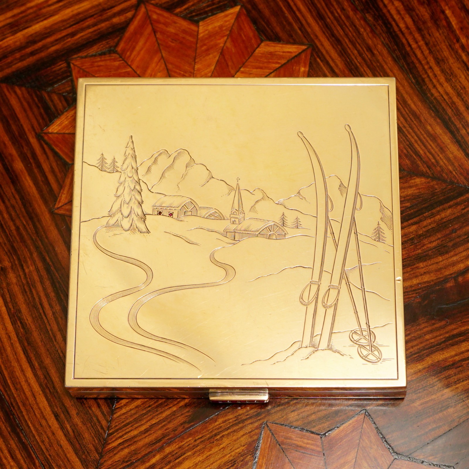 Vintage French 18K Gold & Silver Compact Mirror Case, Rubies, SOUBRENIE & BOIS