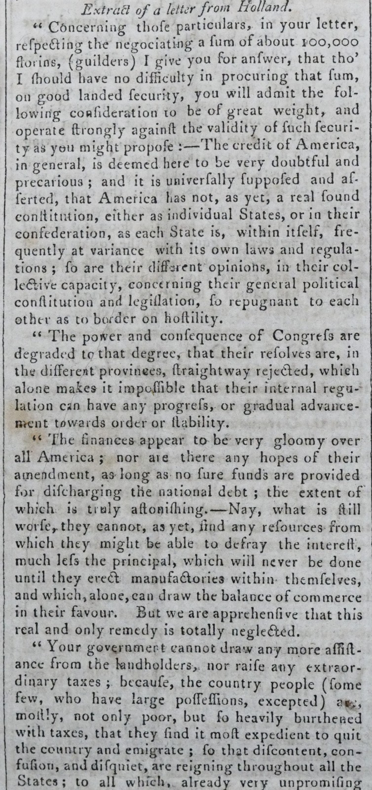 1787 Massachusetts Gazette Jan 23 CONSTITUTION Federal Crisis Shays Rebellion