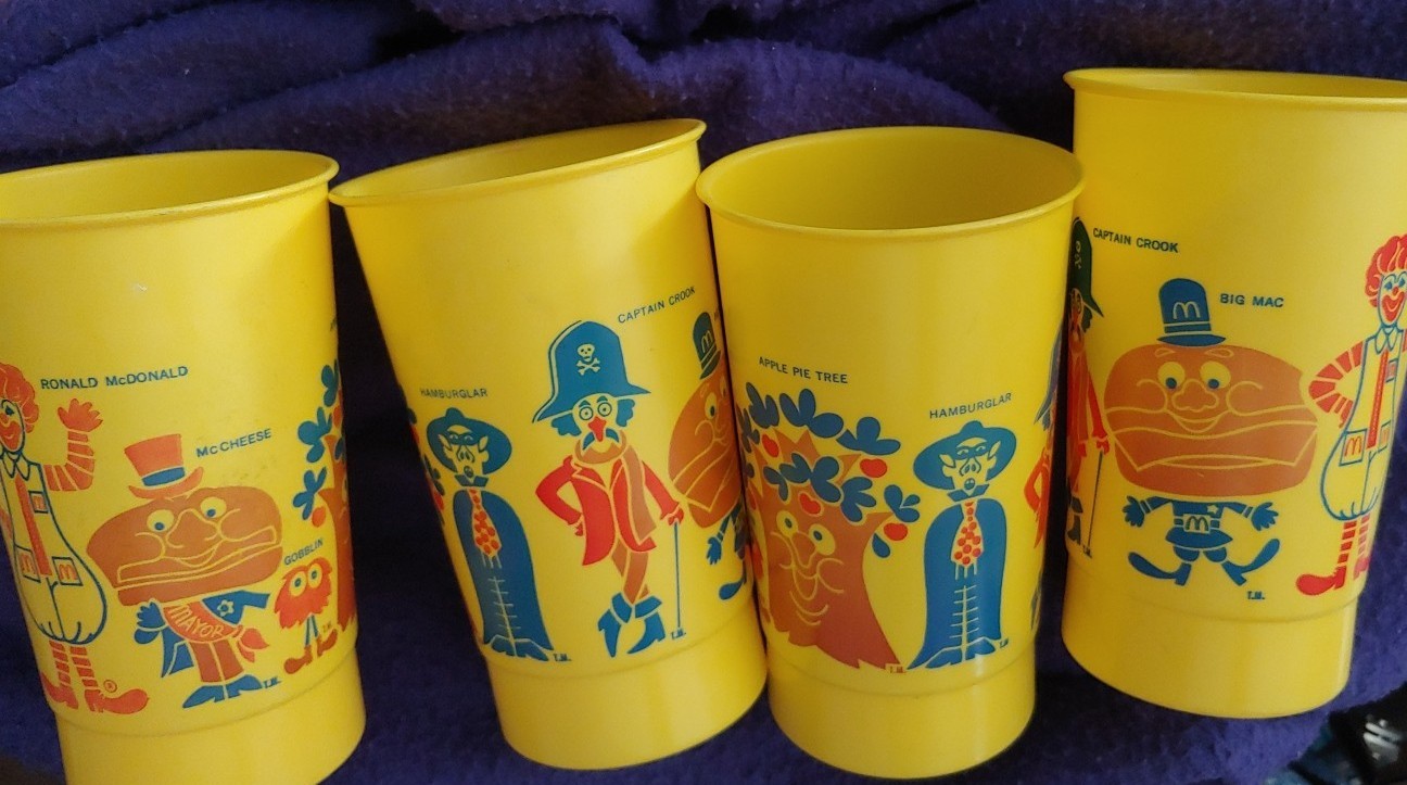 4 Set Vintage McDONALD\'S Cups Apple Pie Tree Mayor McCheese Lot Gold 70s 