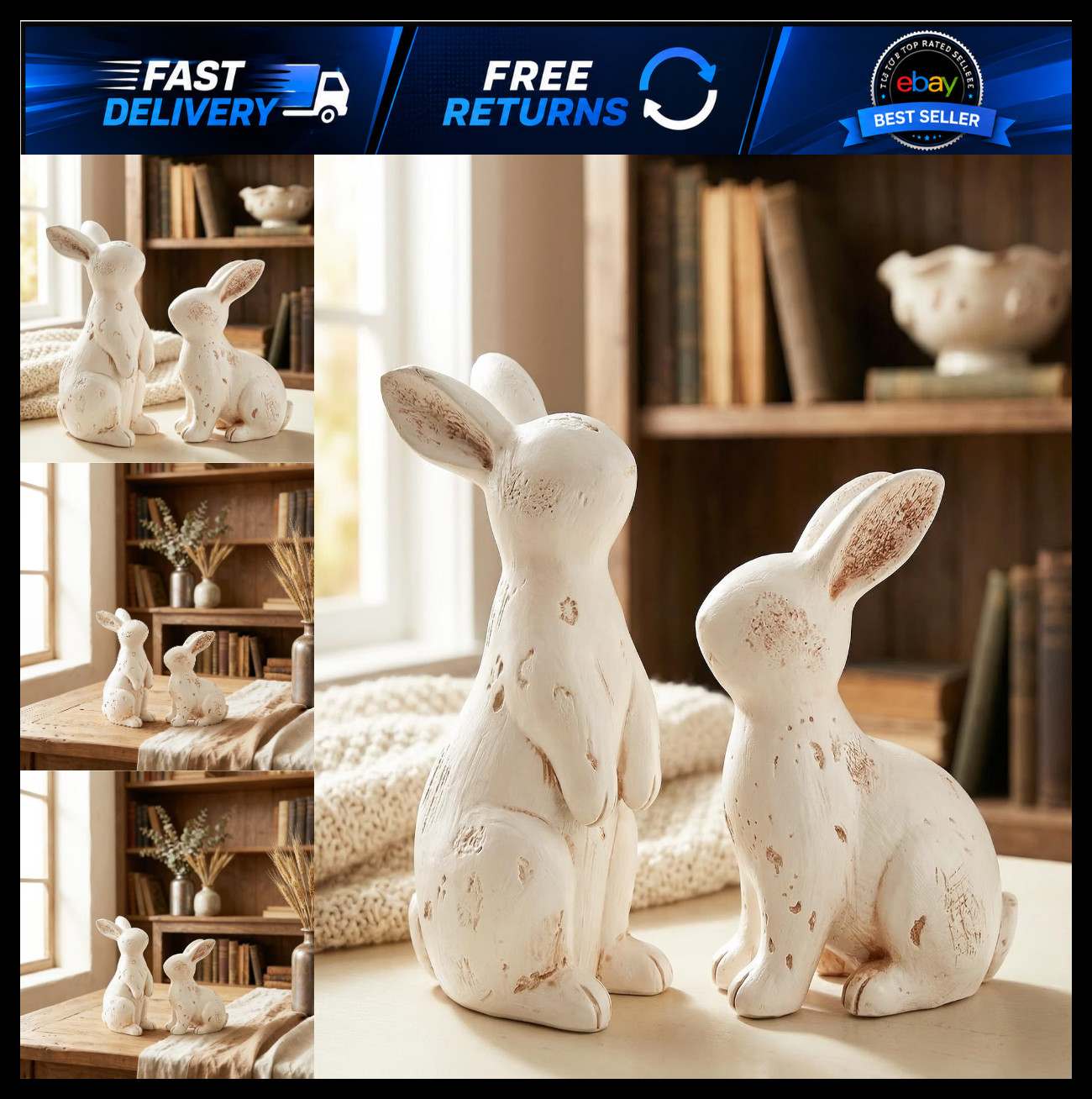 2PCS Vintage Easter Bunny Decor White Resin Rabbit Figurines 2PCS Vintage Easter Bunny Decor White Resin Rabbit Figurines