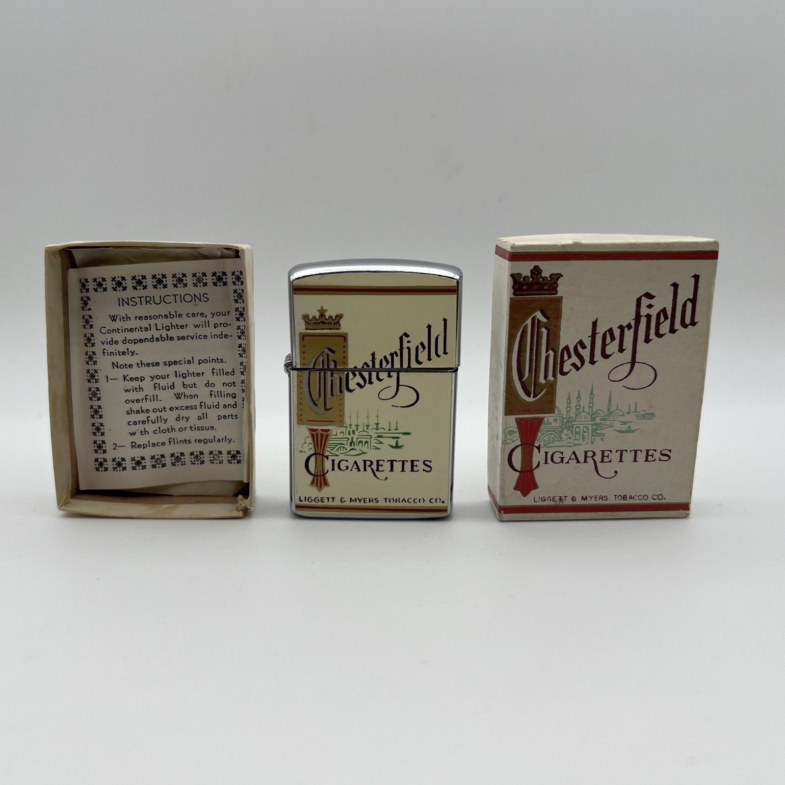 Vtg Continental Chesterfield Cigarettes Pocket Lighter w/Original Box & Paper