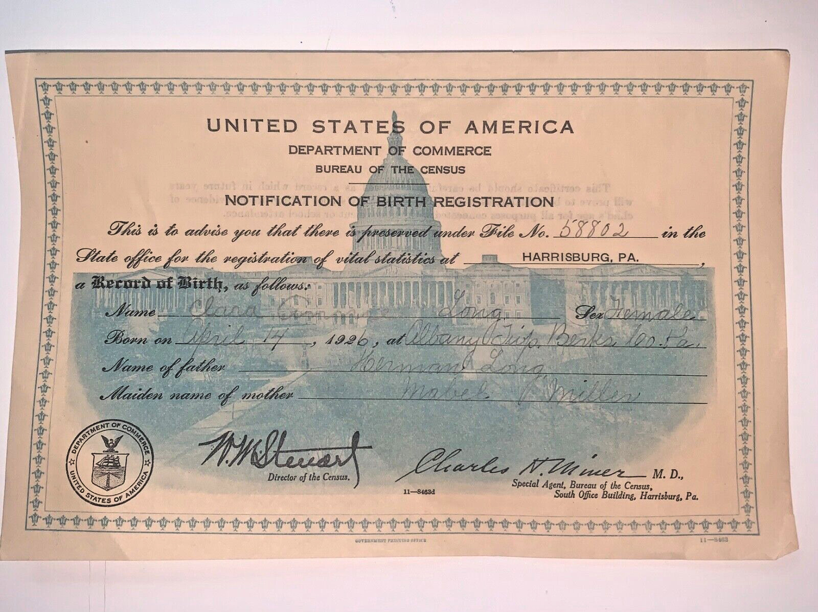 1926 Birth Certificate Pennsylvania Berks County Ephemera Genealogy Clara Long