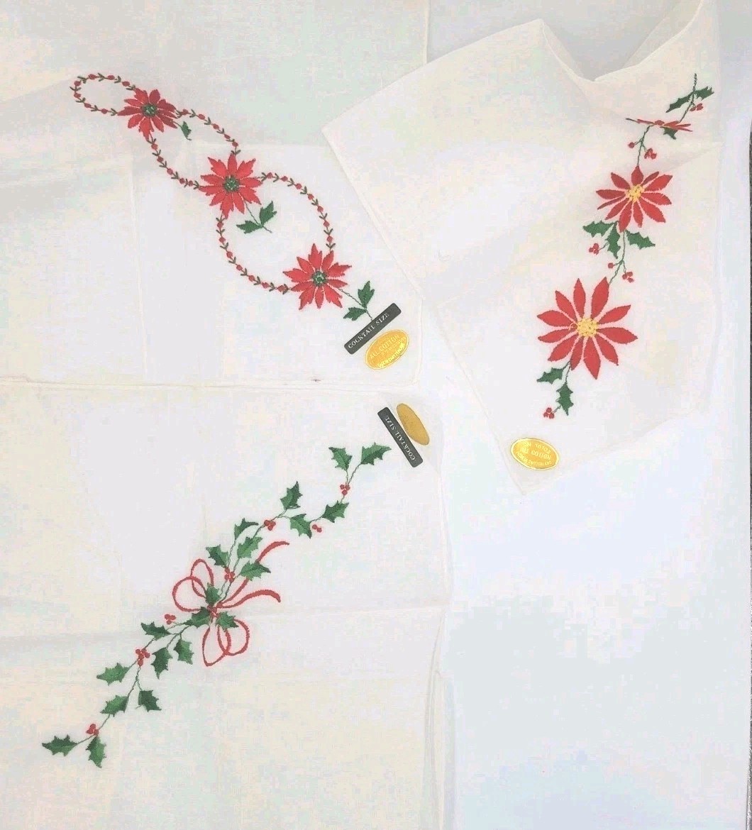 Cotton Cloth Napkins Lot Of 3 Cocktail Sz Embroidered Holiday Floral Switzerland