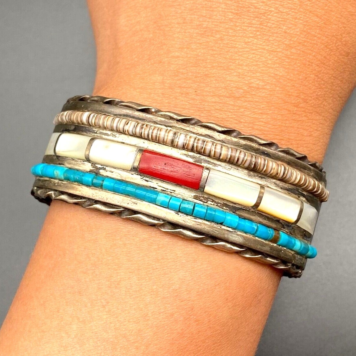 Vintage Zuni Native Turquoise Coral MOP Heishi Silver Cuff Bracelet 6-3/8\