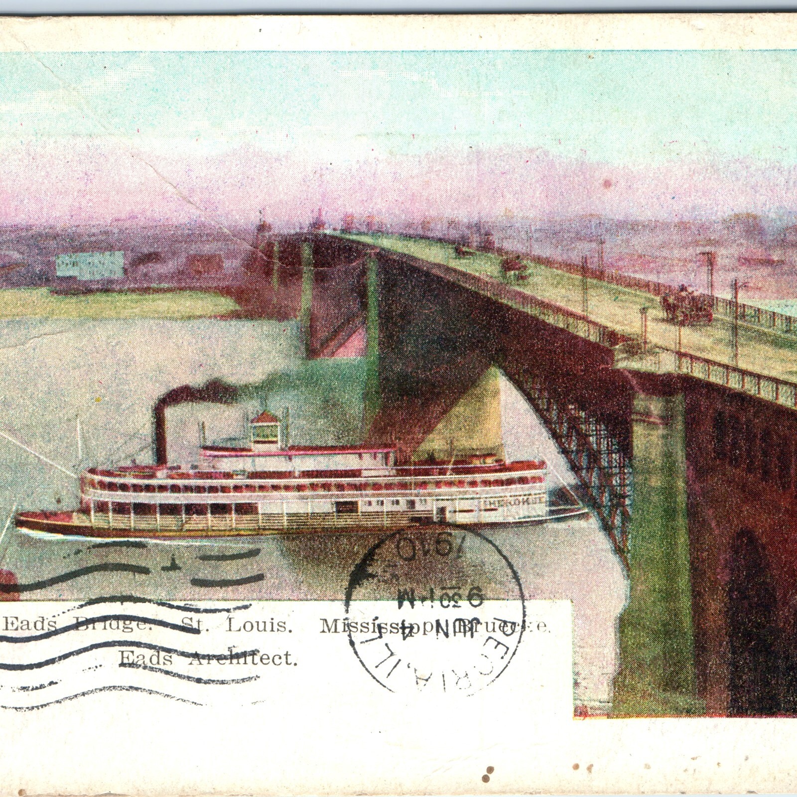 c1900s St. Louis, MO Eads Bridge Postcard Mississippi River Steamship Boat DB