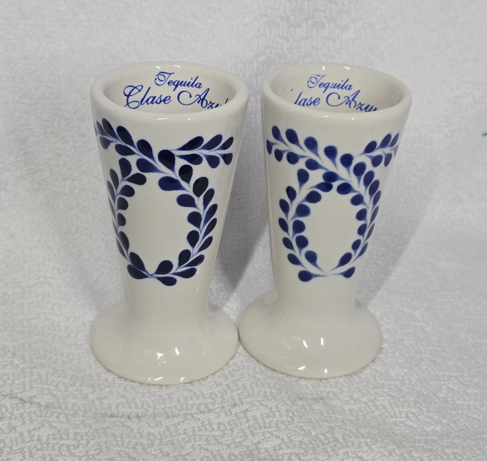 Clase Azul Tequila Ceramic Snifter Shot Glasses Hand Painted Set of 2 Blue White