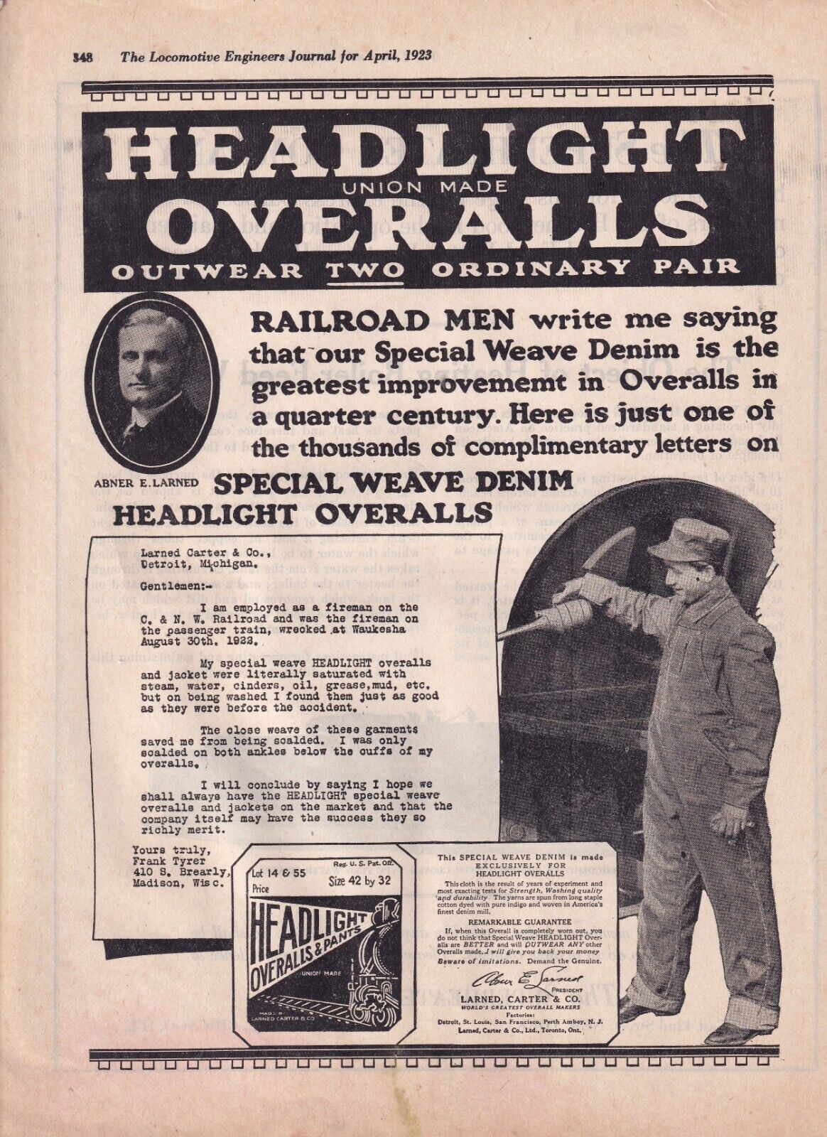 Headlight Overalls Larned Carter Co Detroit 1920 Railroad  8 1/2\