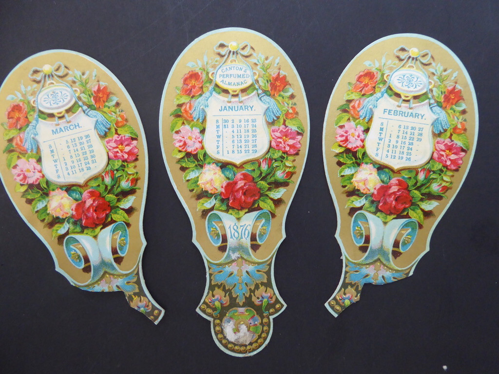 Victorian 1876 Cantons Perfumed Almanac part fan trade card