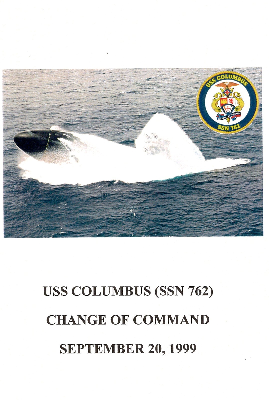 USS Columbus SSN 762 Change of Command pamphlet 1999