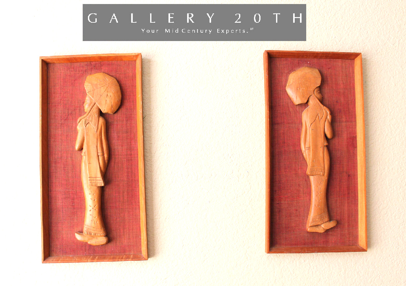 SUPERB PAIR ASIAN WOMEN MID CENTURY MODERN TEAK WALL ART VTG WOOD SCULPTURES