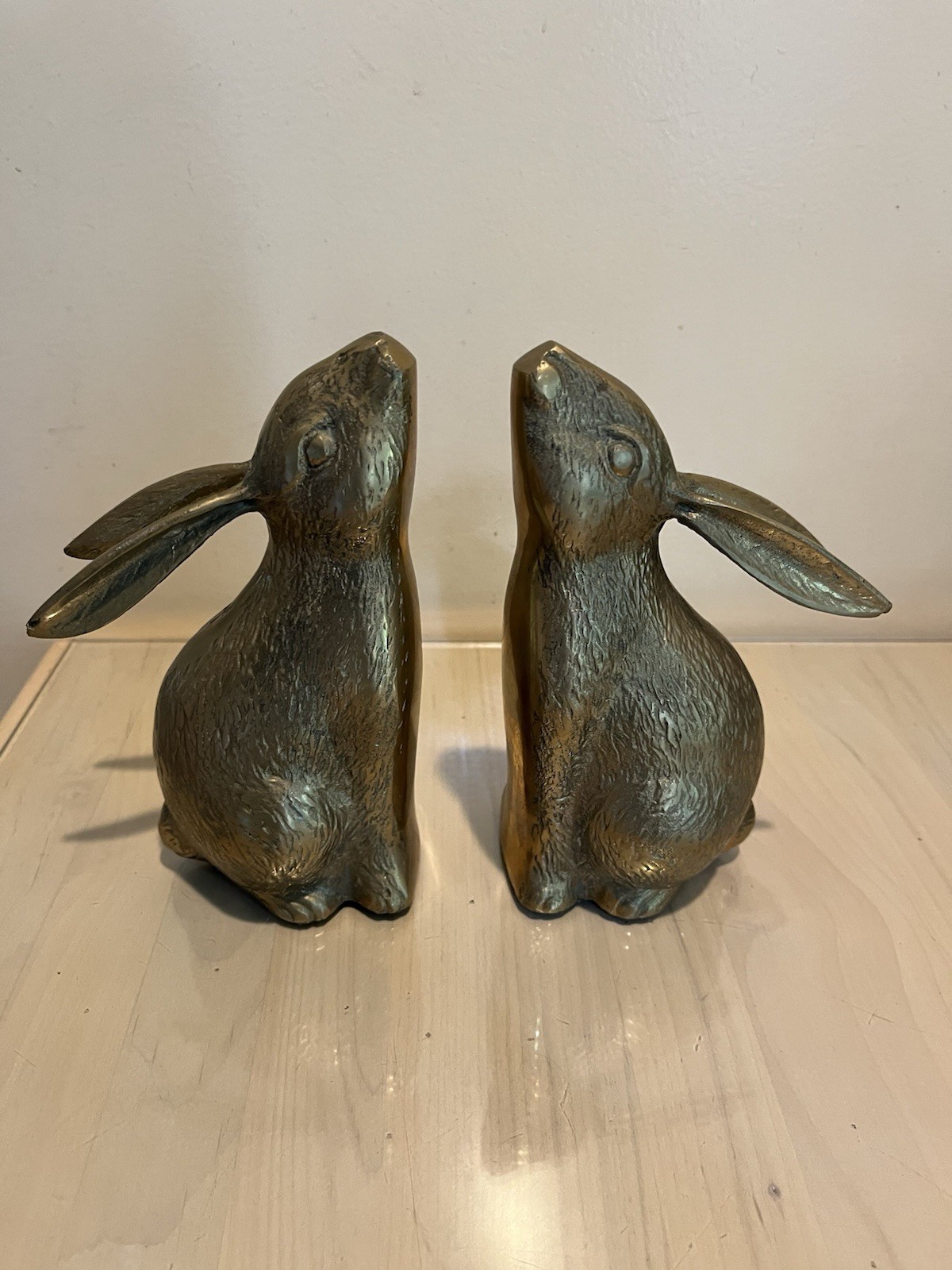 Pair Vintage Brass Rabbit Bookends Figural Hare Long Eared