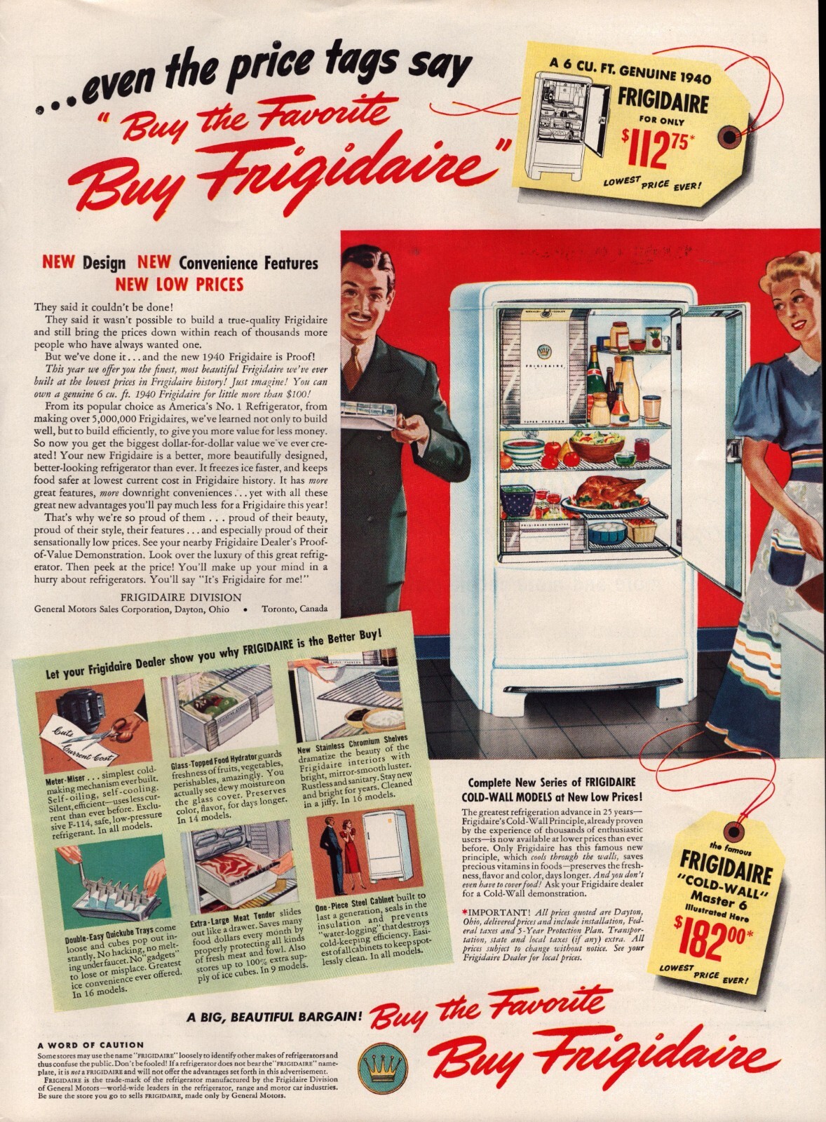 1940 - Frigidaire - Vintage Print Ad - $182 Cold-Wall Master 6 - Wall Art