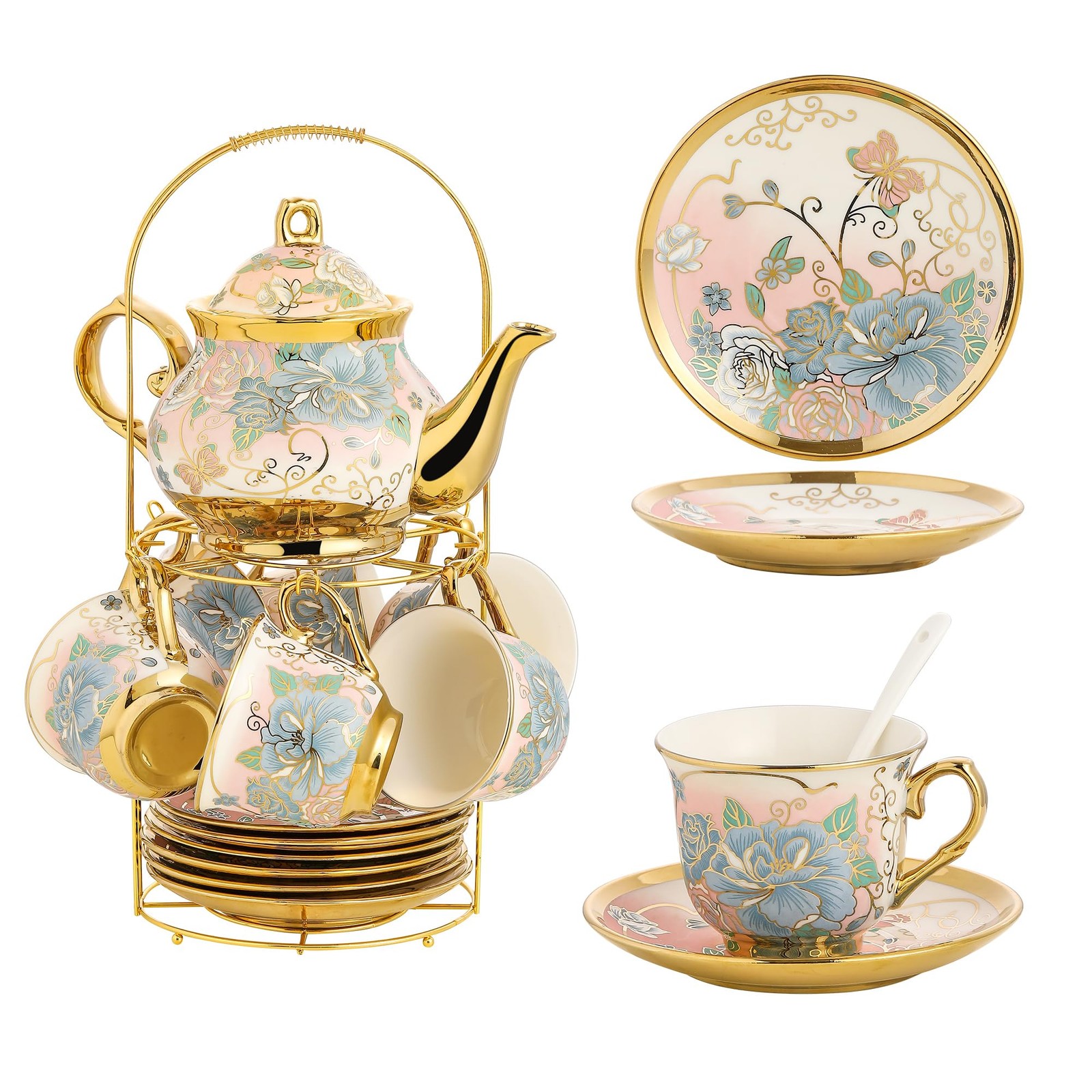 20 Pieces Porcelain Tea Set With Metal Holder, European Ceramic tea set for a...