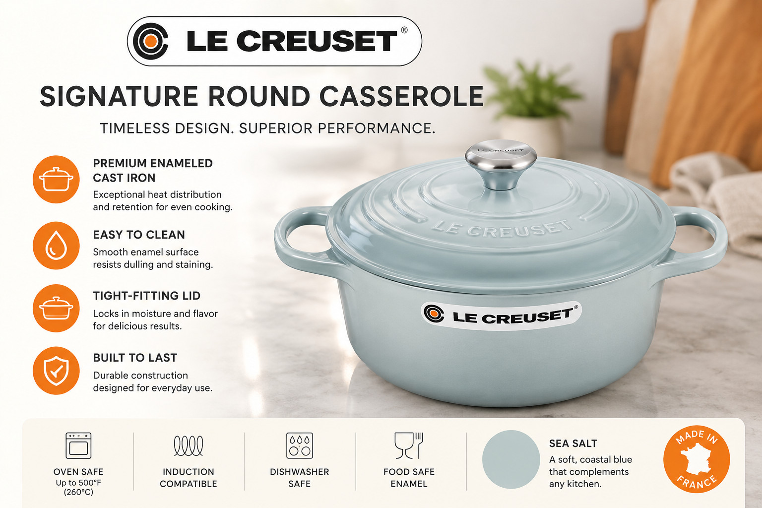 Le Creuset Signature Round Dutch Oven 3.5 Qt / 22 cm Sea Salt Made in France
