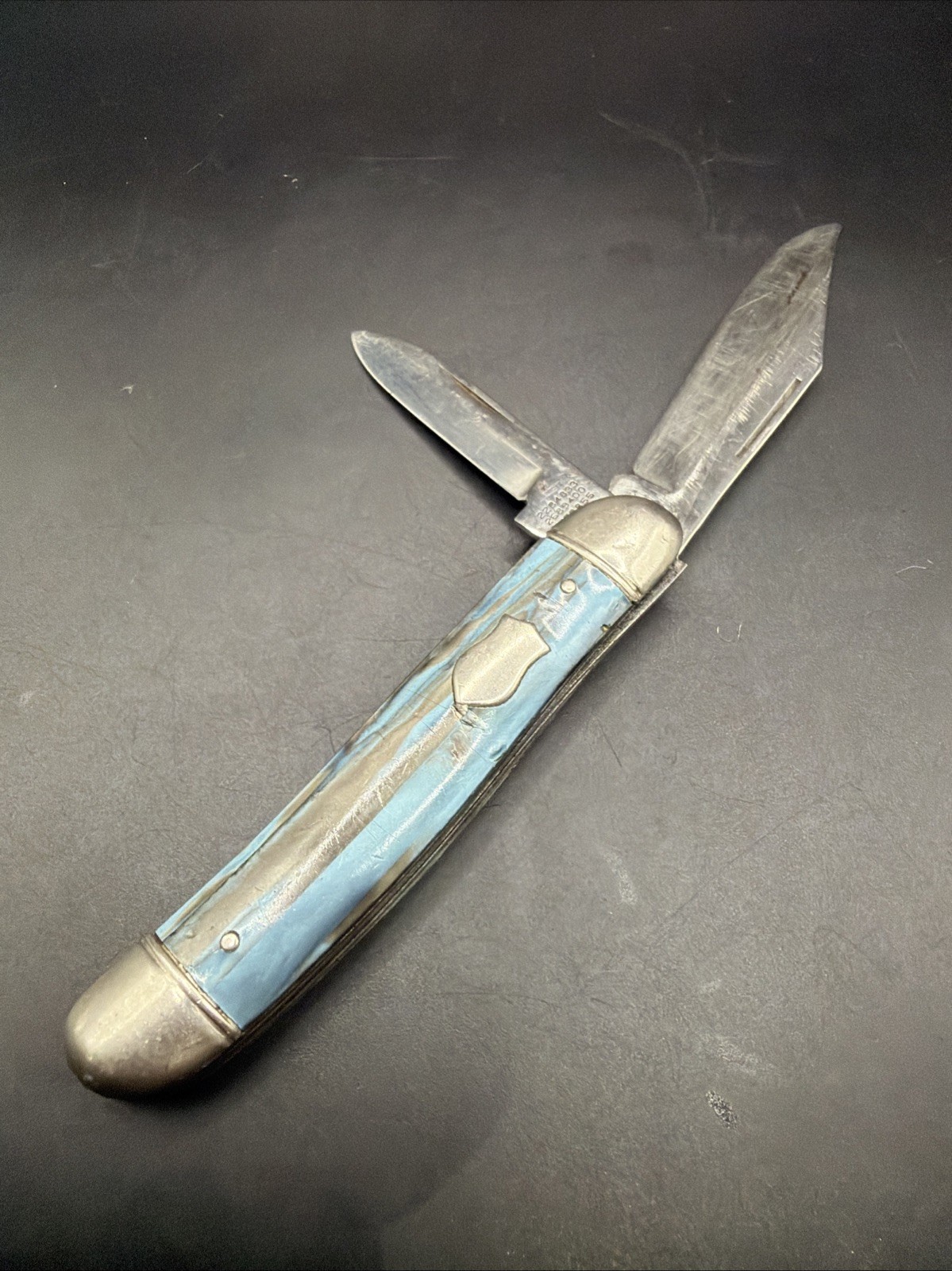  Vintage Imperial USA 2-Blade Jack Knife Blue Cracked Ice Celluloid Shell Handle