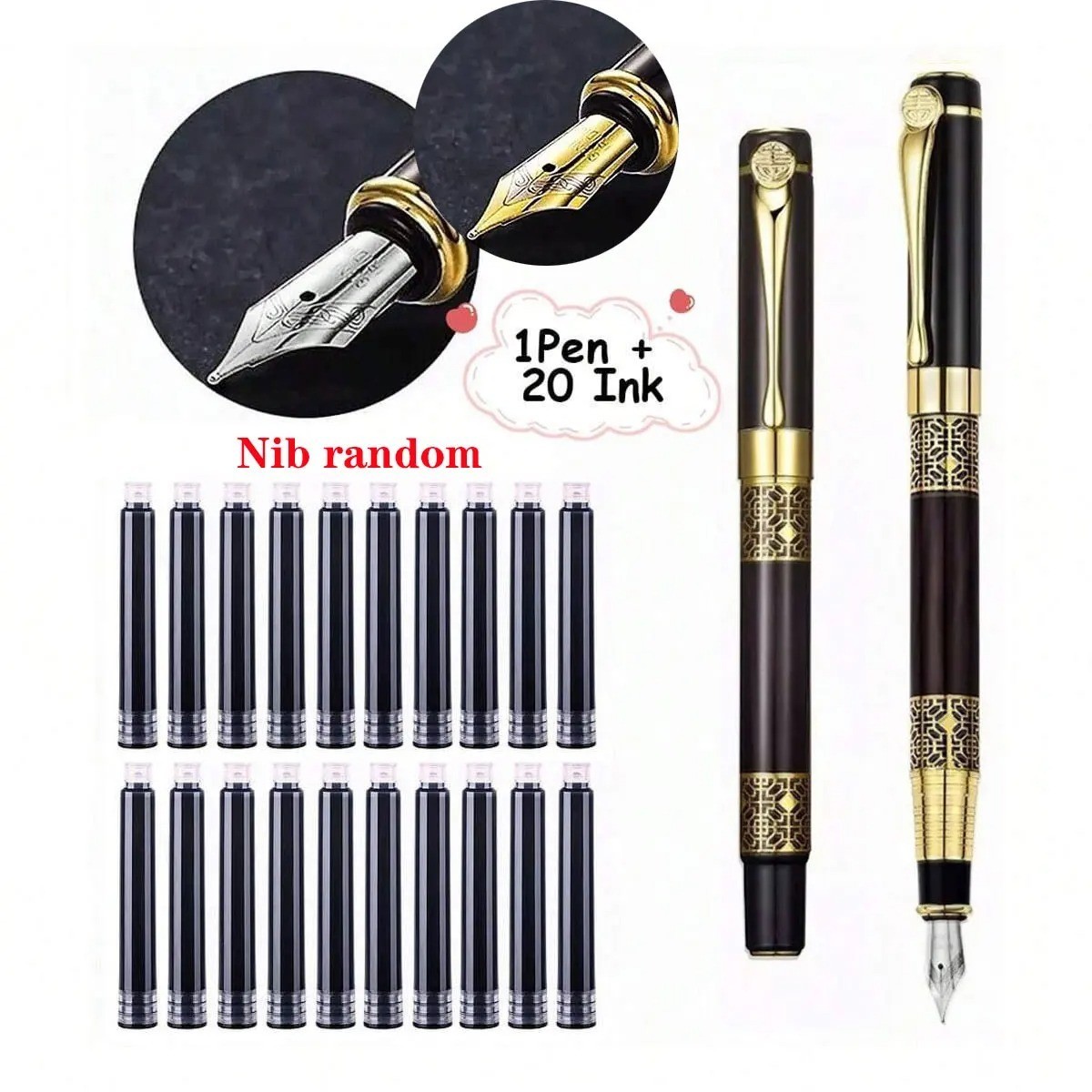 Fine Nib Metal Fountain Pen With 10pc Refillable Ink Cartridges Calligraphy Pen