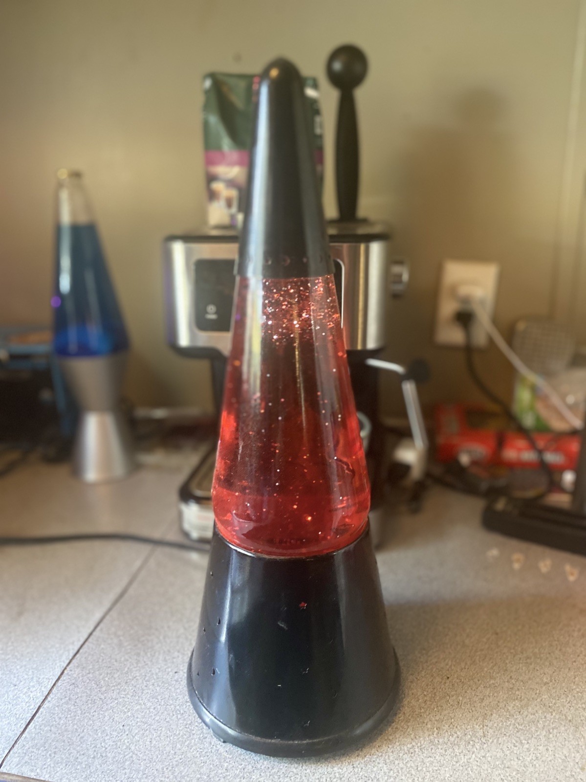 Lava Lite Wizard Glitter Lamp Red Metallic Base Stars Moons RARE Vintage Style