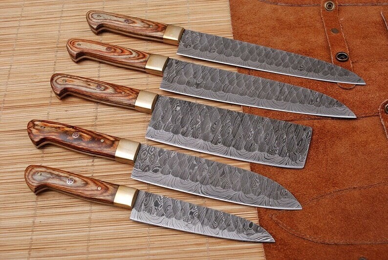 WILD CUSTOM HANDMADE 5 PIECES OF KITCHEN CHEIF SET IN DAMASCUS STEEL WITH FORGE