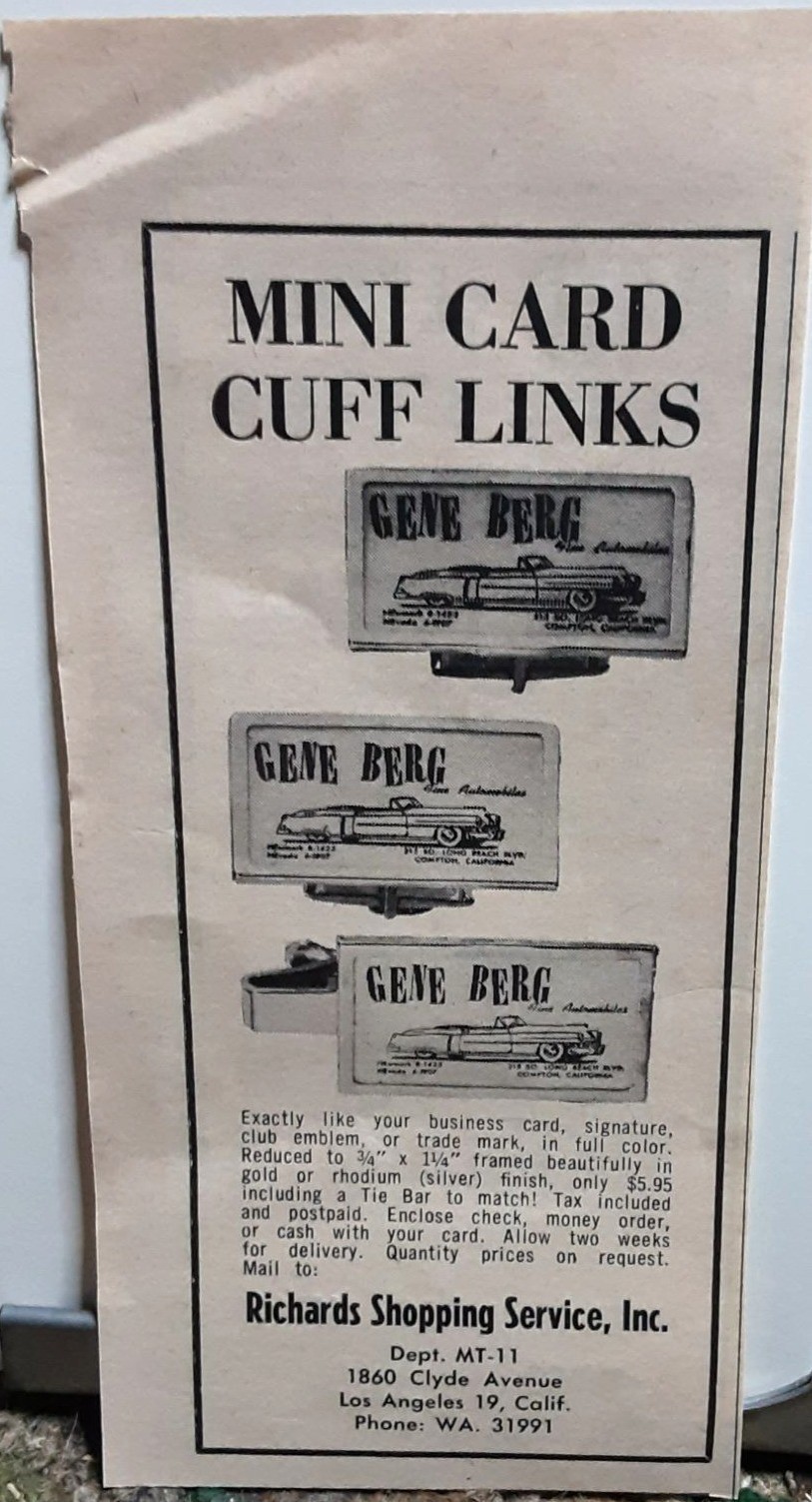 Vintage 1959 Gene Berg Cuff Links Print Ad Mini Card Car Accessories