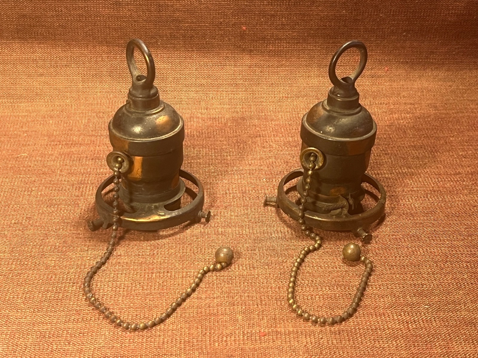 2 Antique Edison Japanned Pull Chain Lamp Sockets w 2 1/4
