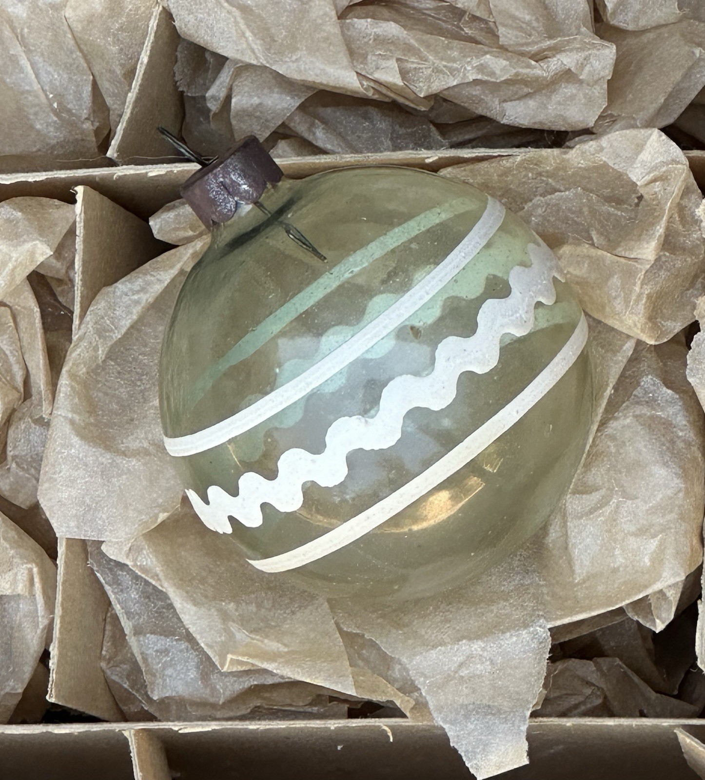VTG Corning Marks Bros Made In Us Of A Green Unsilvered Stripe Glass Ornament