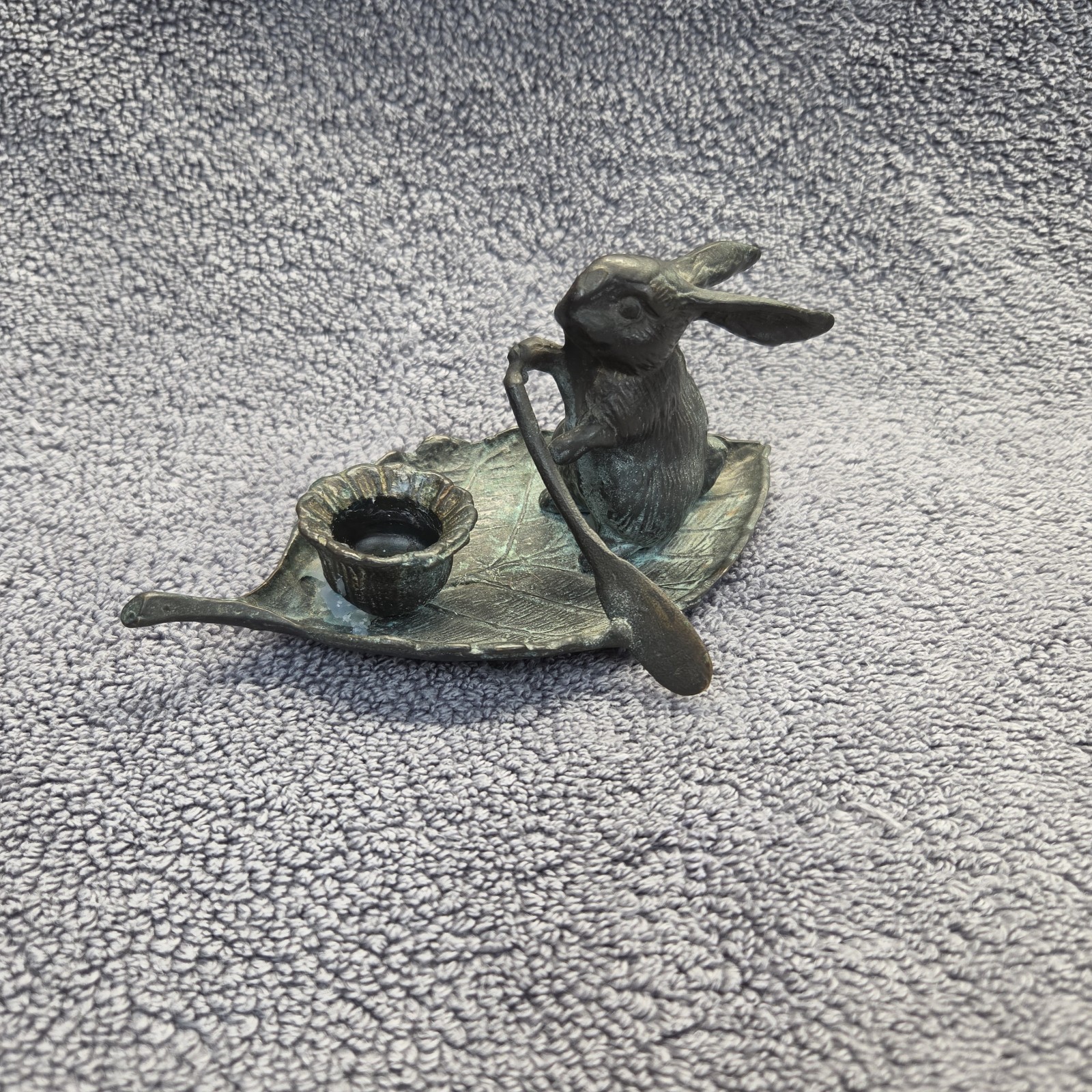 Vintage Bronze Bunny Rabbit Paddling On Leaf Boat Figure Candle Holder